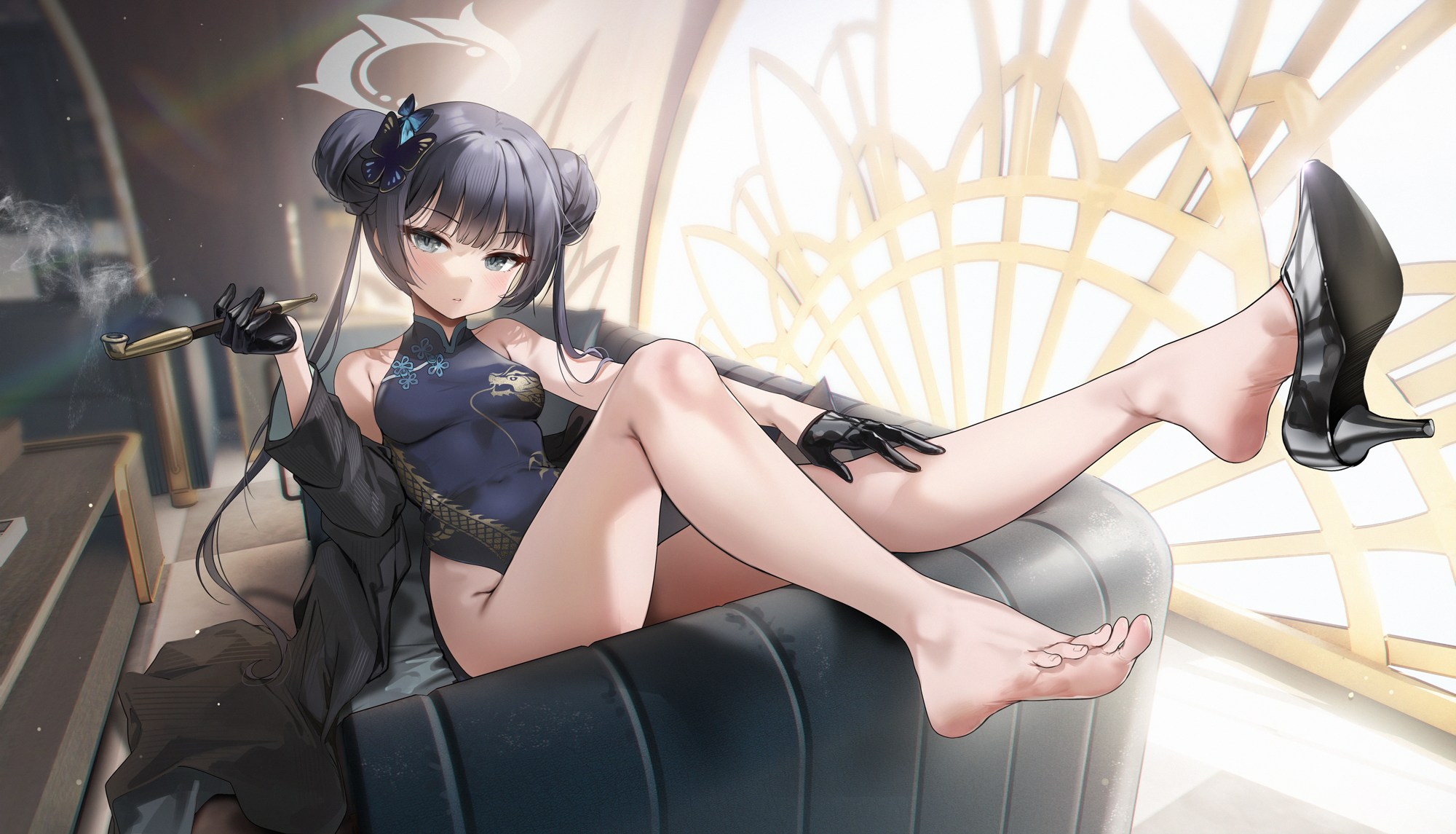 Anime 2000x1145 feet legs couch Ryuuge Kisaki (Blue Archive) Blue Archive gloves looking at viewer long hair hairbun twintails chinese dress heels lying down lying on back anime girls blue eyes smoking pipe small boobs thighs smoke table indoors women indoors barefoot sunlight