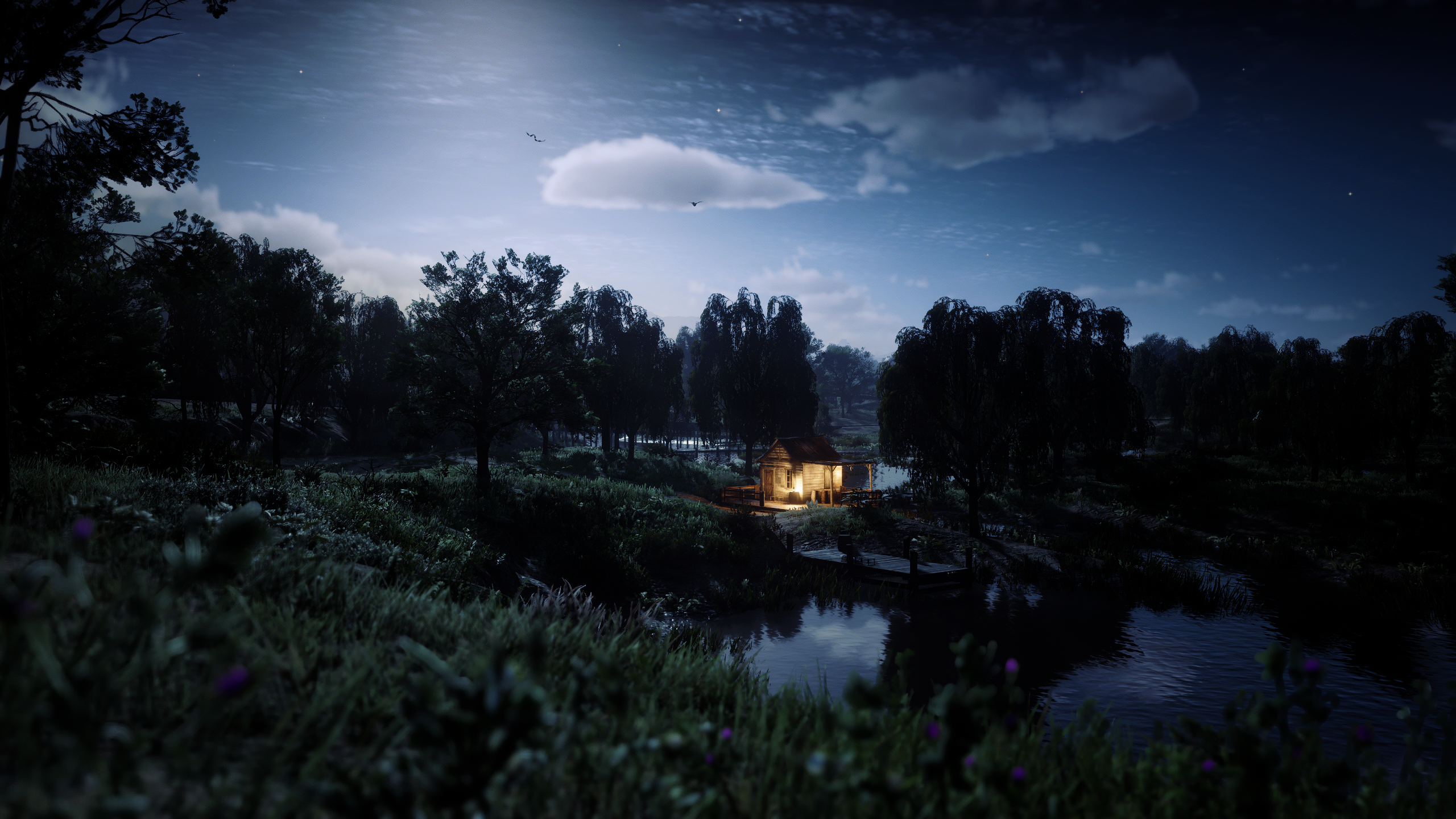 General 2560x1440 cabin forest nature CGI digital art night river moonlight sky Red Dead Redemption 2 water video game art video games reflection clouds trees
