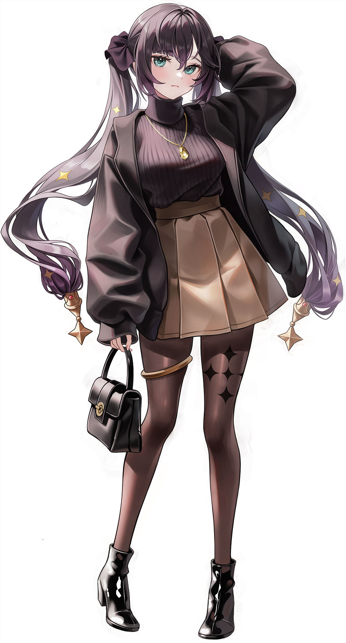Anime 1101x2048 Pixiv anime anime girls Genshin Impact Mona (Genshin Impact) purse looking at viewer simple background skirt white background twintails minimalism jacket portrait display standing long hair necklace purple hair closed mouth blue eyes pantyhose heels blushing sweater