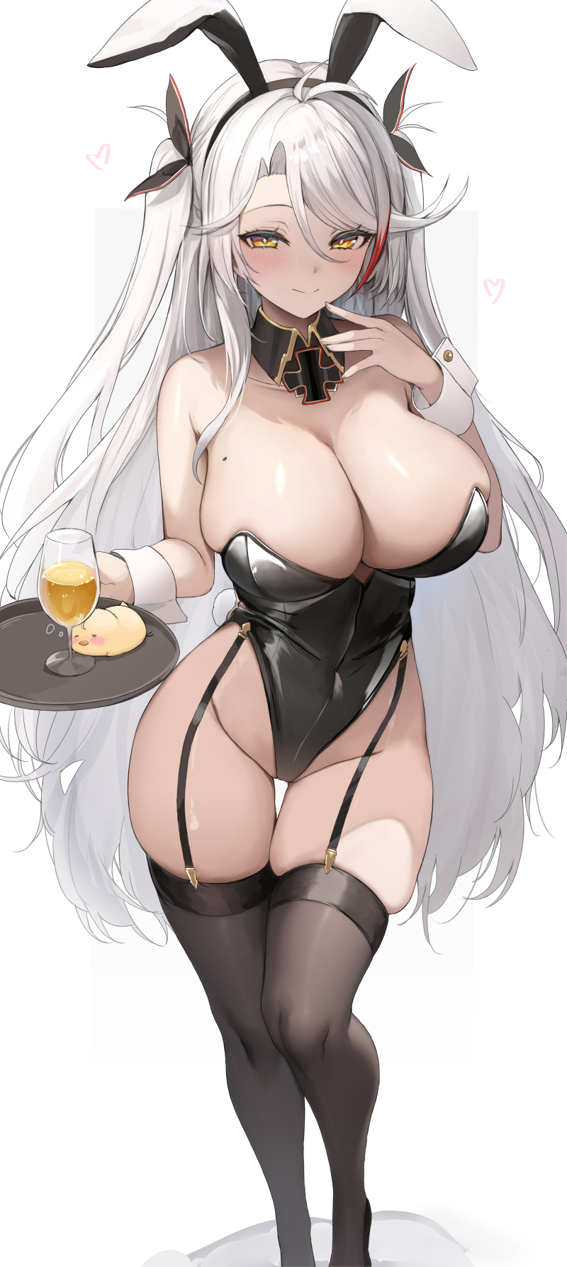 Anime 800x1788 Azur Lane mole on breast portrait display anime girls Prinz Eugen (Azur Lane) looking at viewer leotard black leotard white hair bunny suit huge breasts cleavage bare shoulders animal ears wine glass bunny ears bunny girl Luse Maonang moles garter straps long hair Manjuu (Azur Lane) cup black stockings standing drink black thigh-highs blushing closed mouth thighs white background smiling simple background yellow eyes two tone hair wristwear alcohol
