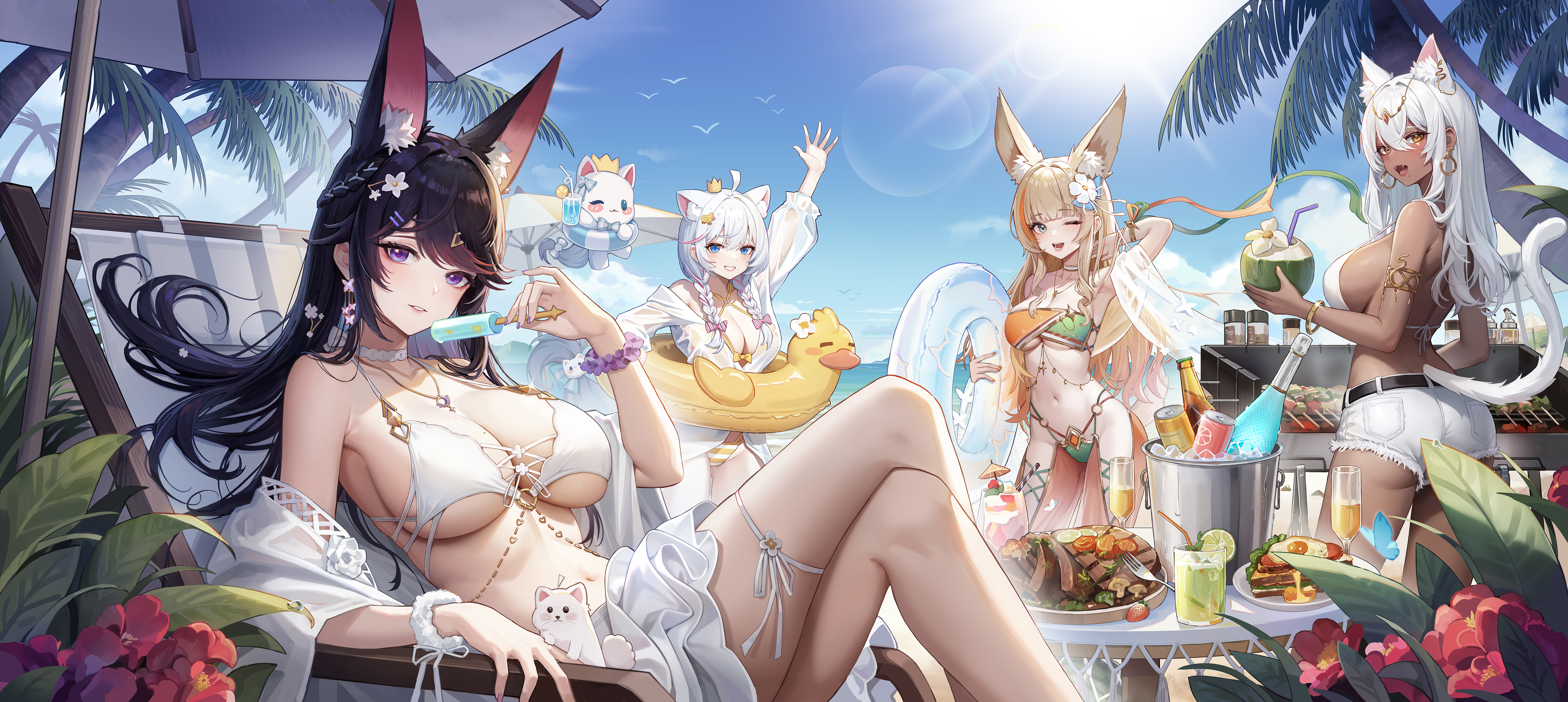 Anime 5000x2240 anime girls animal ears group of women beach women on beach flowers looking at viewer bikini palm trees looking back big boobs legs crossed sideboob one eye closed women outdoors food drink leaves ass long hair barbecue grill creature hair ornament floater beach umbrella thigh strap jean shorts bottles blue butterflies cocktails open clothes sunlight one arm up sky clouds can popsicle tail meat sunbed wink crown flower in hair cleavage coconut milk braids