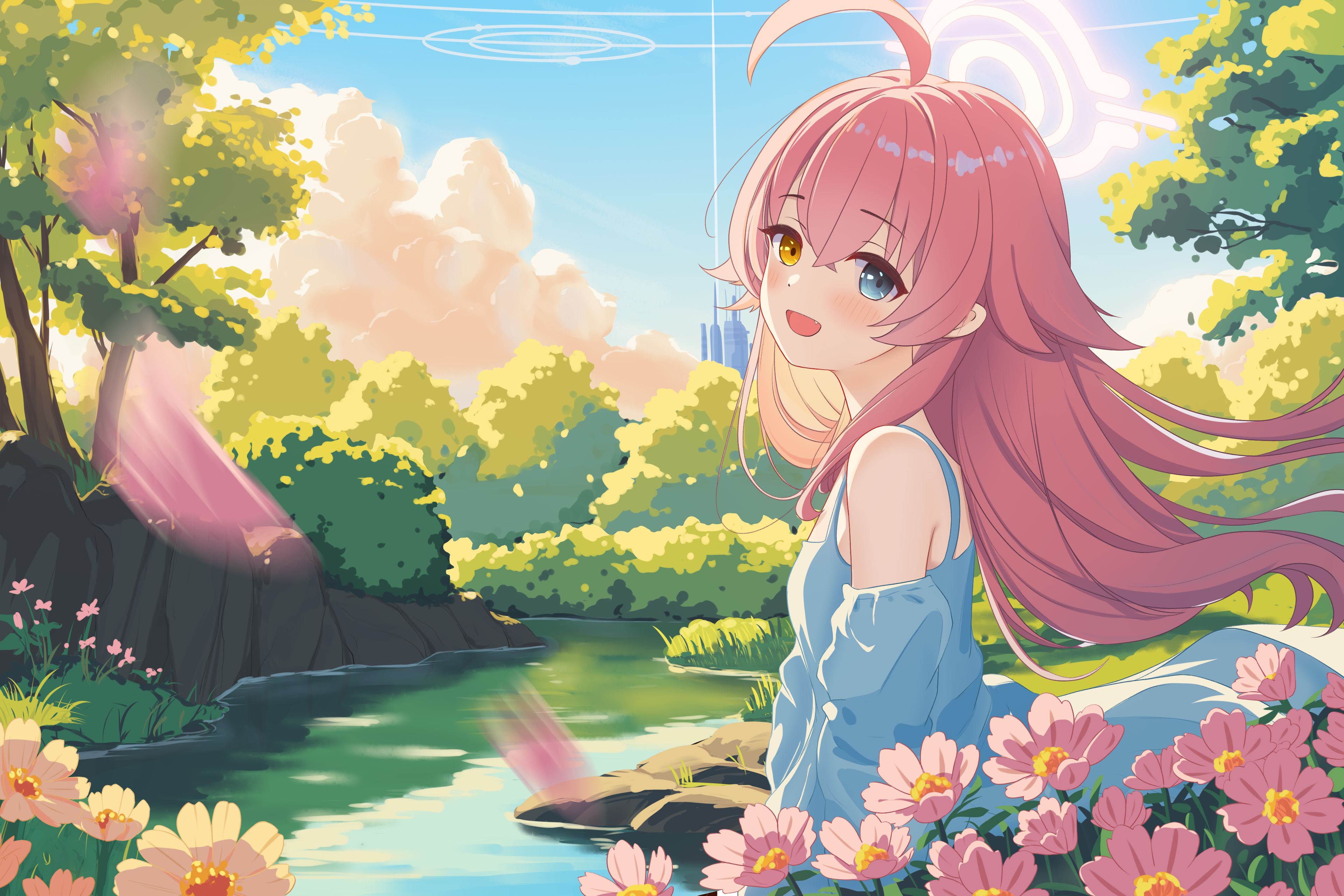 Anime 3840x2560 anime anime girls Takanashi Hoshino (Blue Archive) Blue Archive long hair heterochromia water hair blowing in the wind wind looking at viewer flowers standing trees open mouth blushing bare shoulders