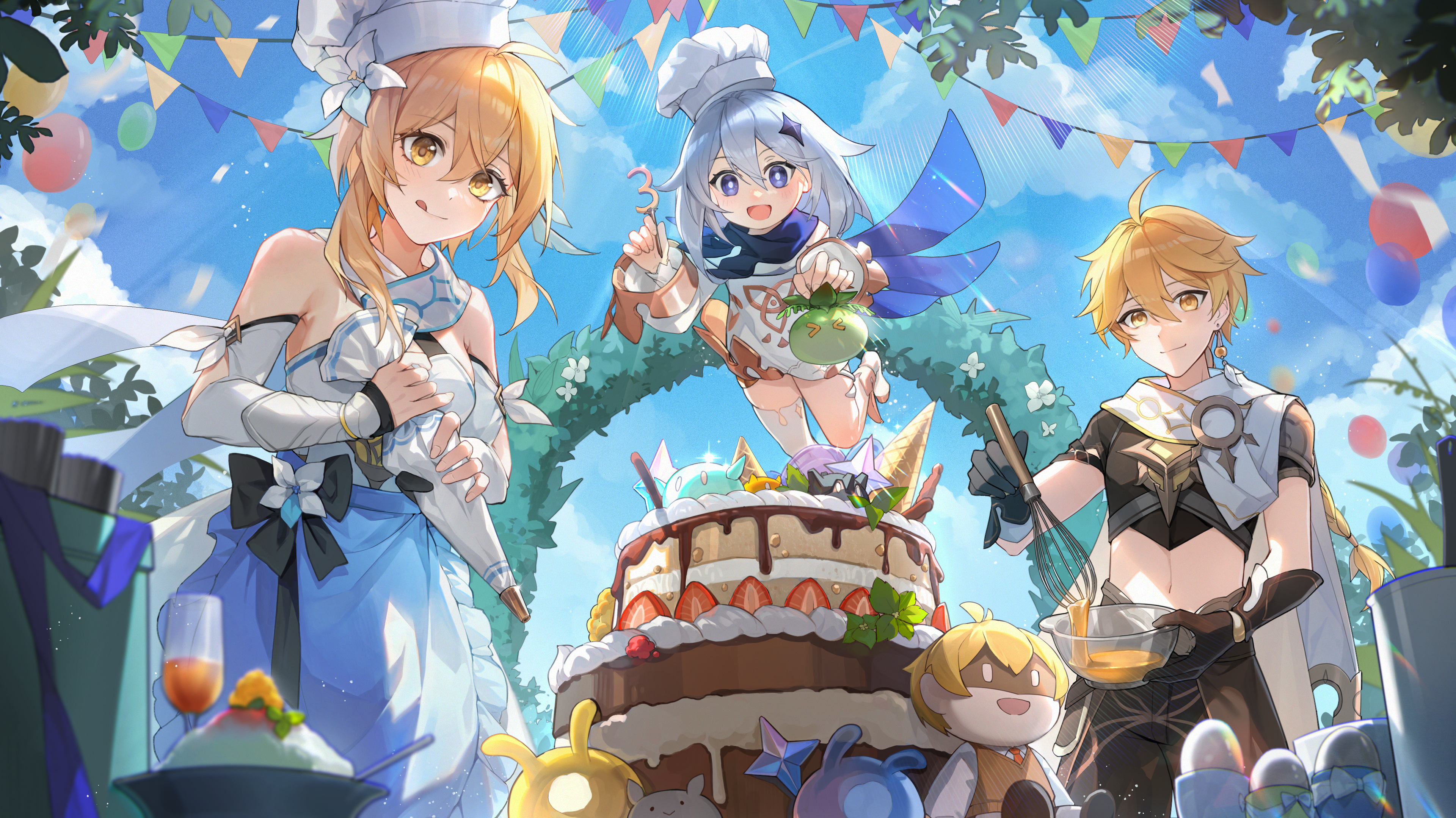 Anime 3840x2160 anime anime girls Lumine (Genshin Impact) Aether (Genshin Impact) Paimon (Genshin Impact) Genshin Impact cake plush toy clouds sky balloon chef's hat earring anime boys bowls whisk sunlight leaves party balloons anniversary tongue out flower in hair