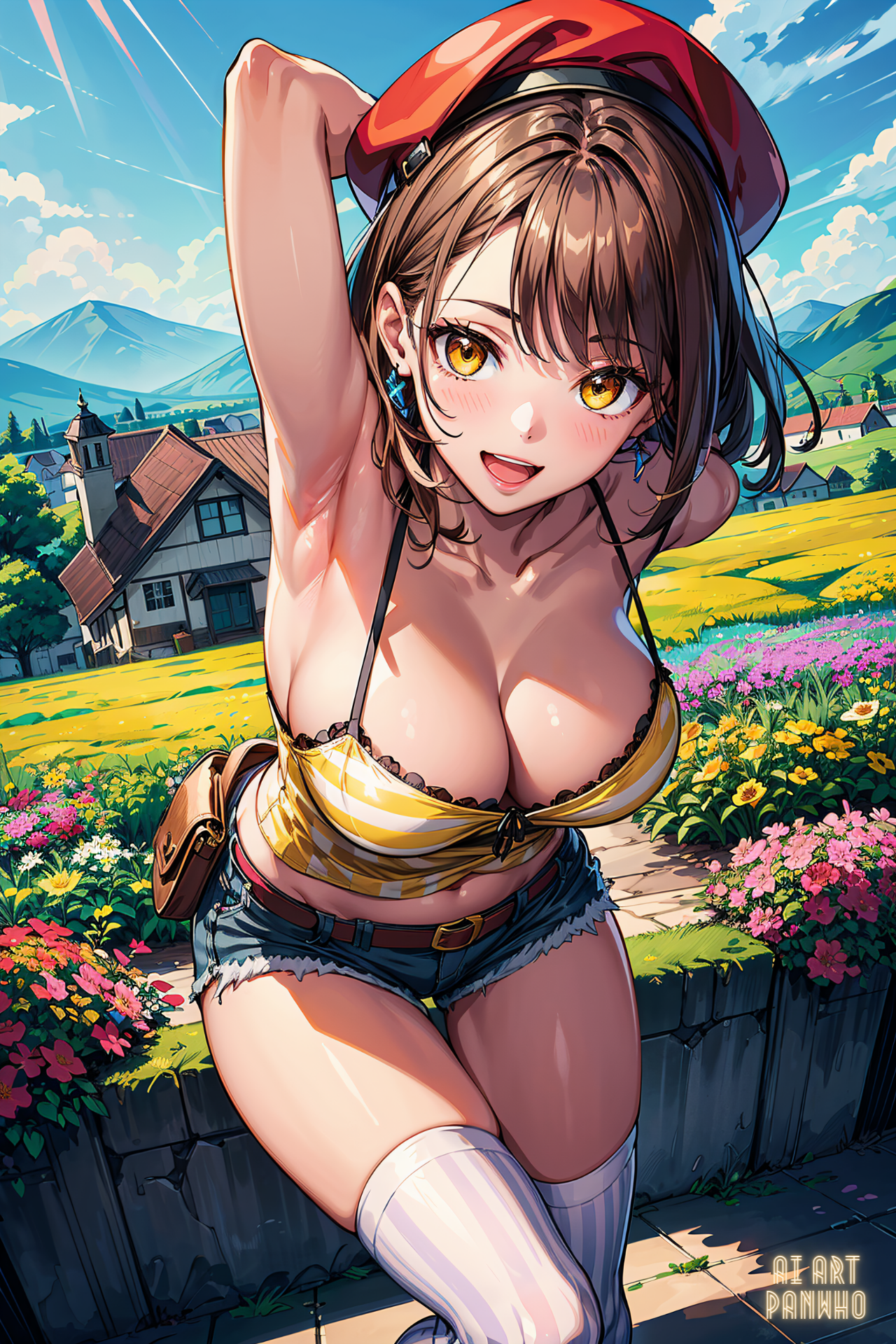 Anime 1280x1920 AI art panwho big boobs Atelier Ryza Atelier portrait display digital art one arm up armpits looking at viewer sky clouds flowers cleavage skimpy clothes open mouth blushing brunette brown eyes short hair hat anime girls mountains grass house trees Reisalin Stout