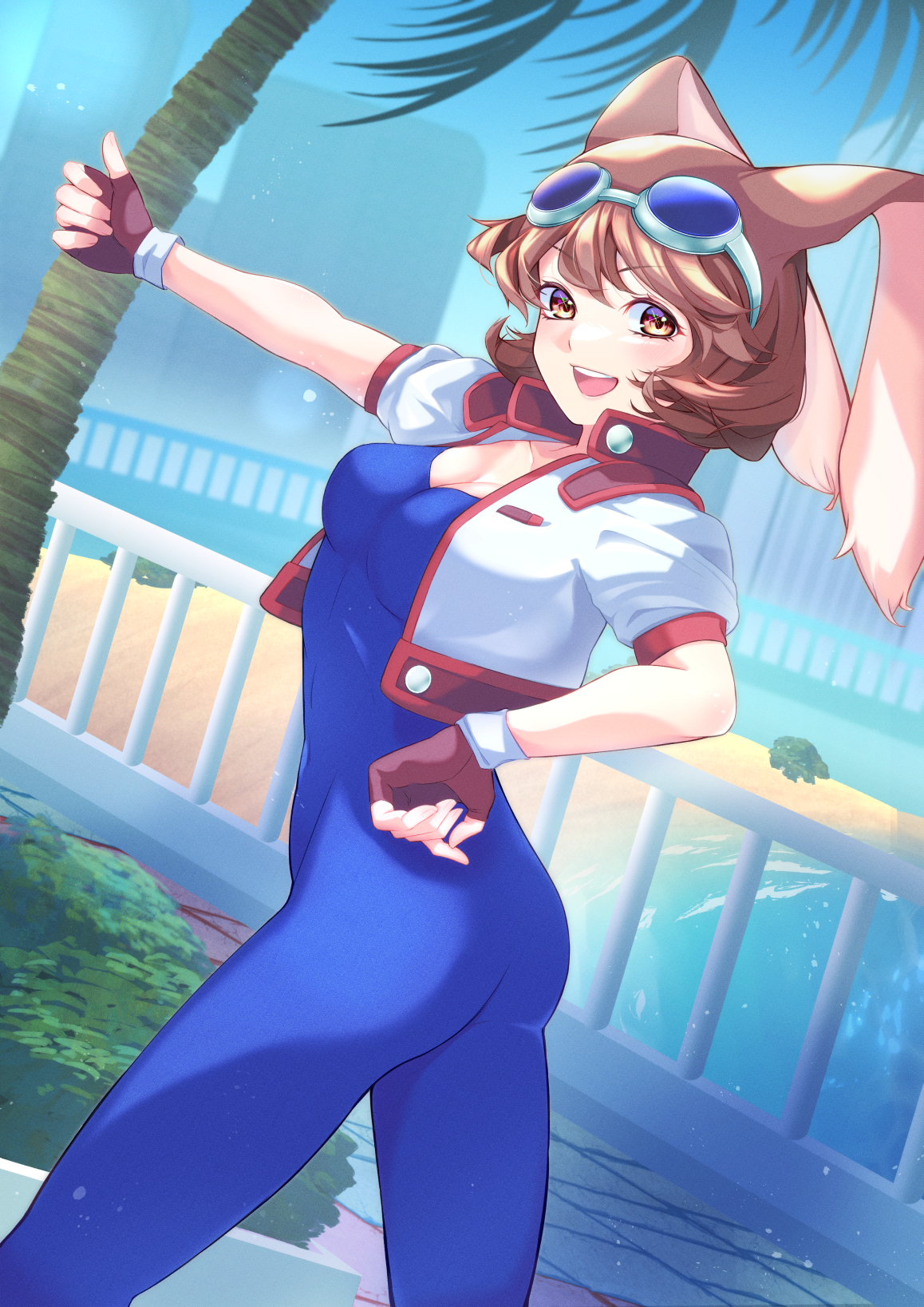 Anime 1158x1637 Waku Waku 7 bunny ears animal ears cleavage video game characters sky video game girls smiling Arina Makihara bunny girl looking at viewer beach brunette brown eyes short hair open mouth ass women outdoors dttw2327 red gloves hand gesture jacket thumbs up bodysuit blue bodysuit goggles fingerless gloves SNK palm trees small boobs standing hands on hips unitard depth of field clear sky open jacket digital art portrait display