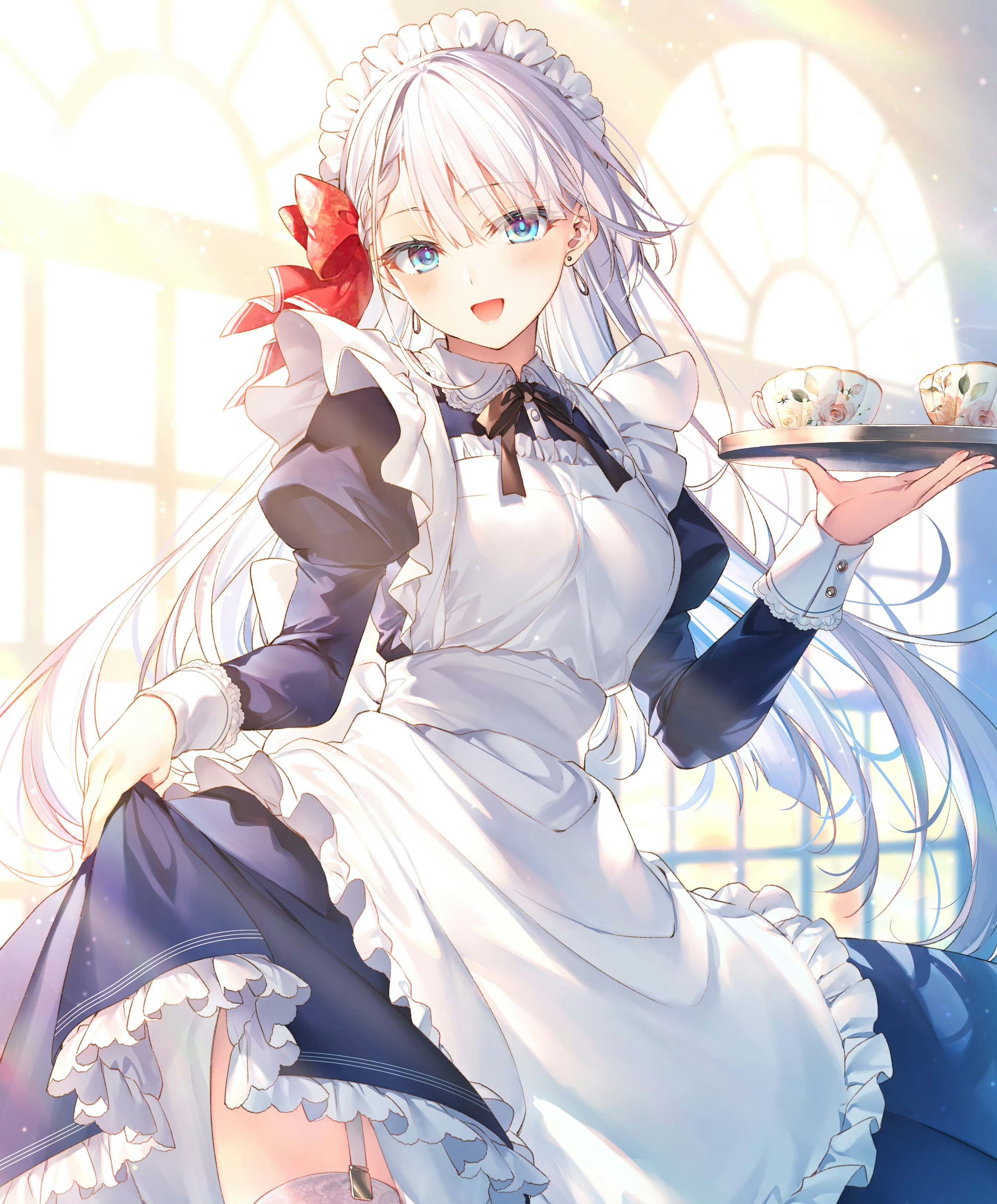 Anime 2893x3495 anime girls anime blue eyes white hair Seiken Gakuin No Maken Tsukai tea women women indoors indoors long hair Lyseria Christaria blushing earring garter straps lifting dress portrait display maid cup looking at viewer maid outfit sunlight blue dress window stockings servants open mouth frills red ribbon tray