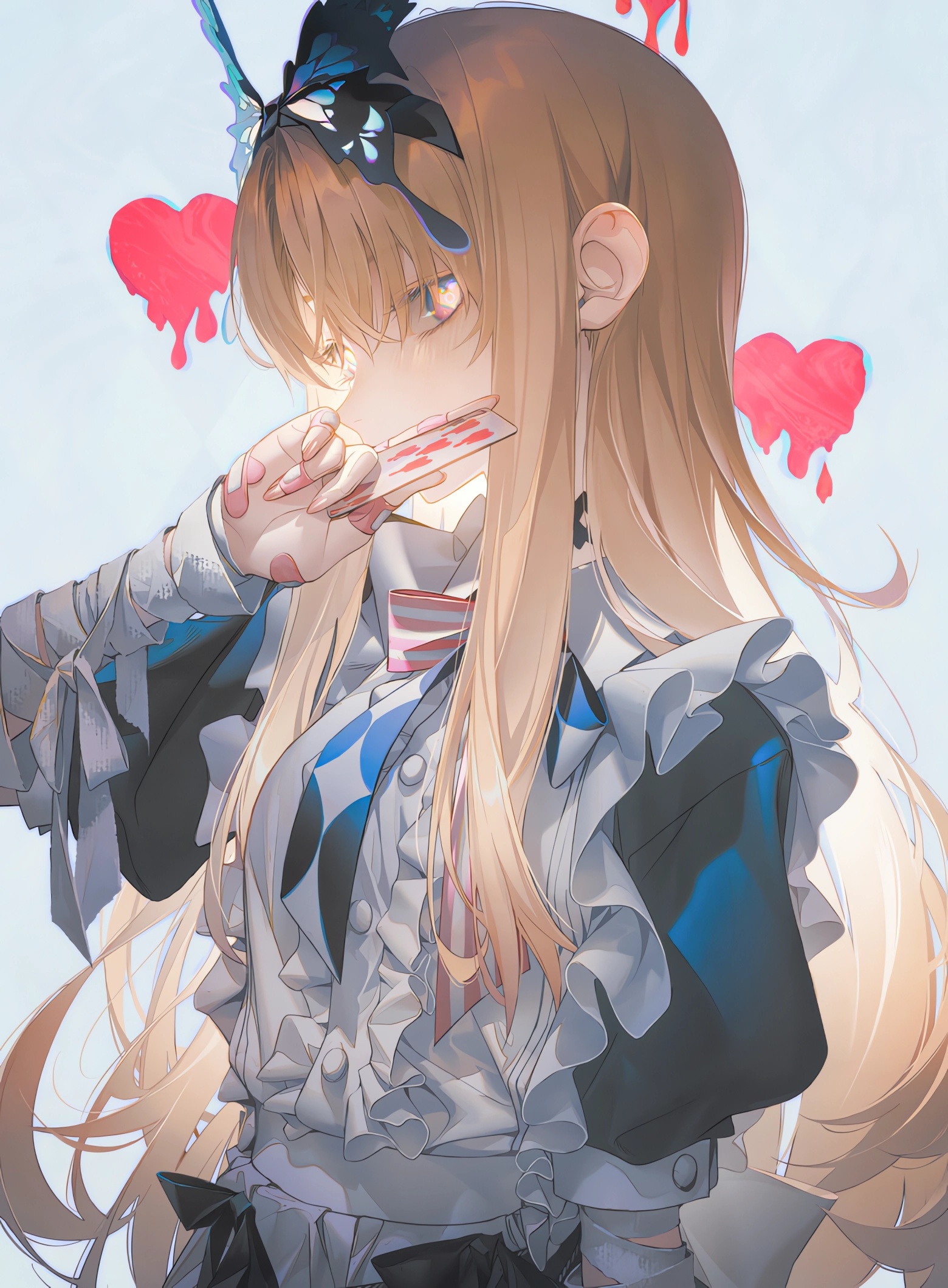 Anime 1560x2118 anime anime girls Pixiv Alice in Wonderland blonde heart eyes multi-colored hair cards looking at viewer heart dress bow tie frills portrait display Band-Aid simple background