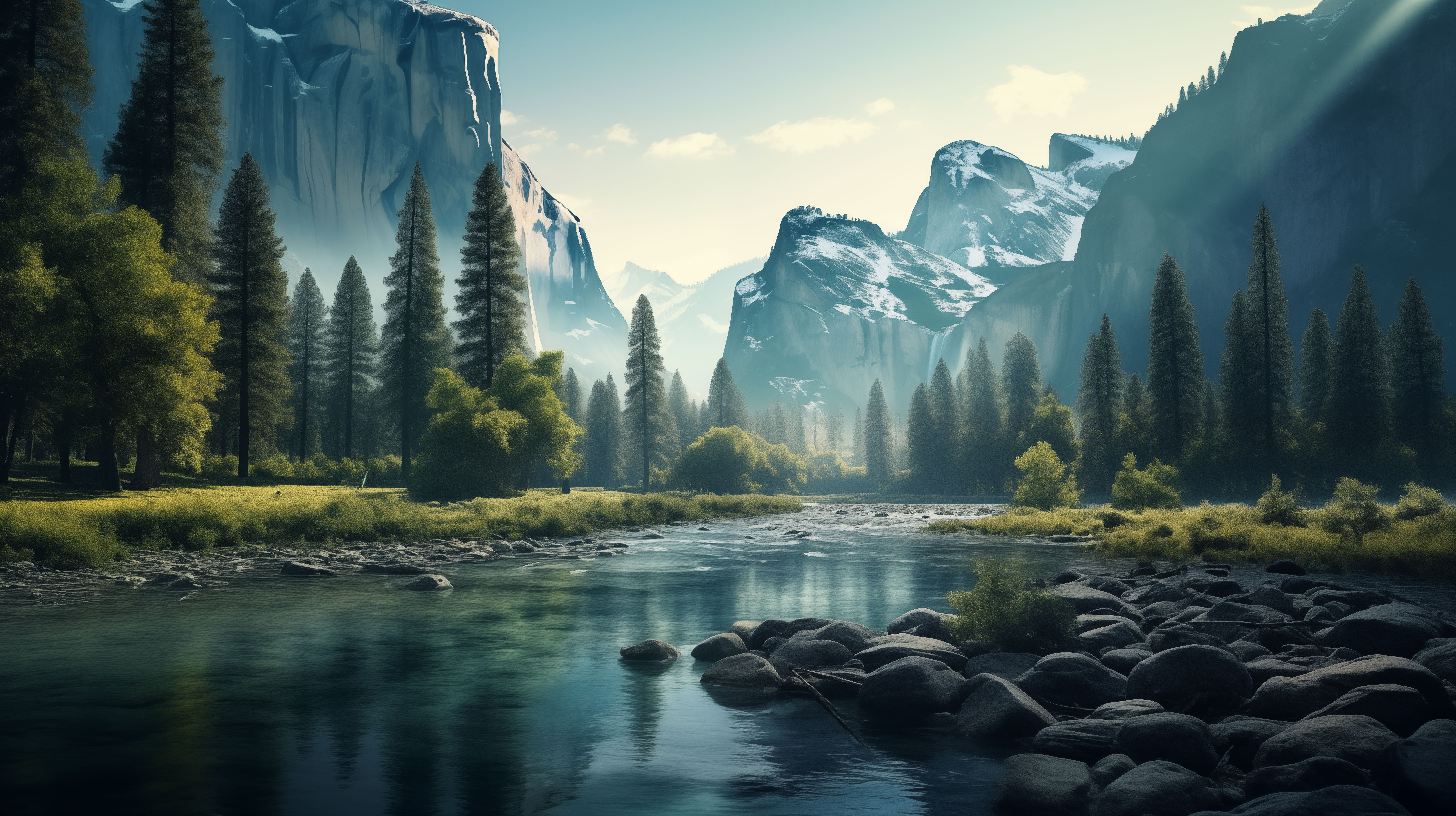 General 5824x3264 AI art mountains water rocks river Yosemite National Park sky clouds snow trees sunlight reflection nature digital art