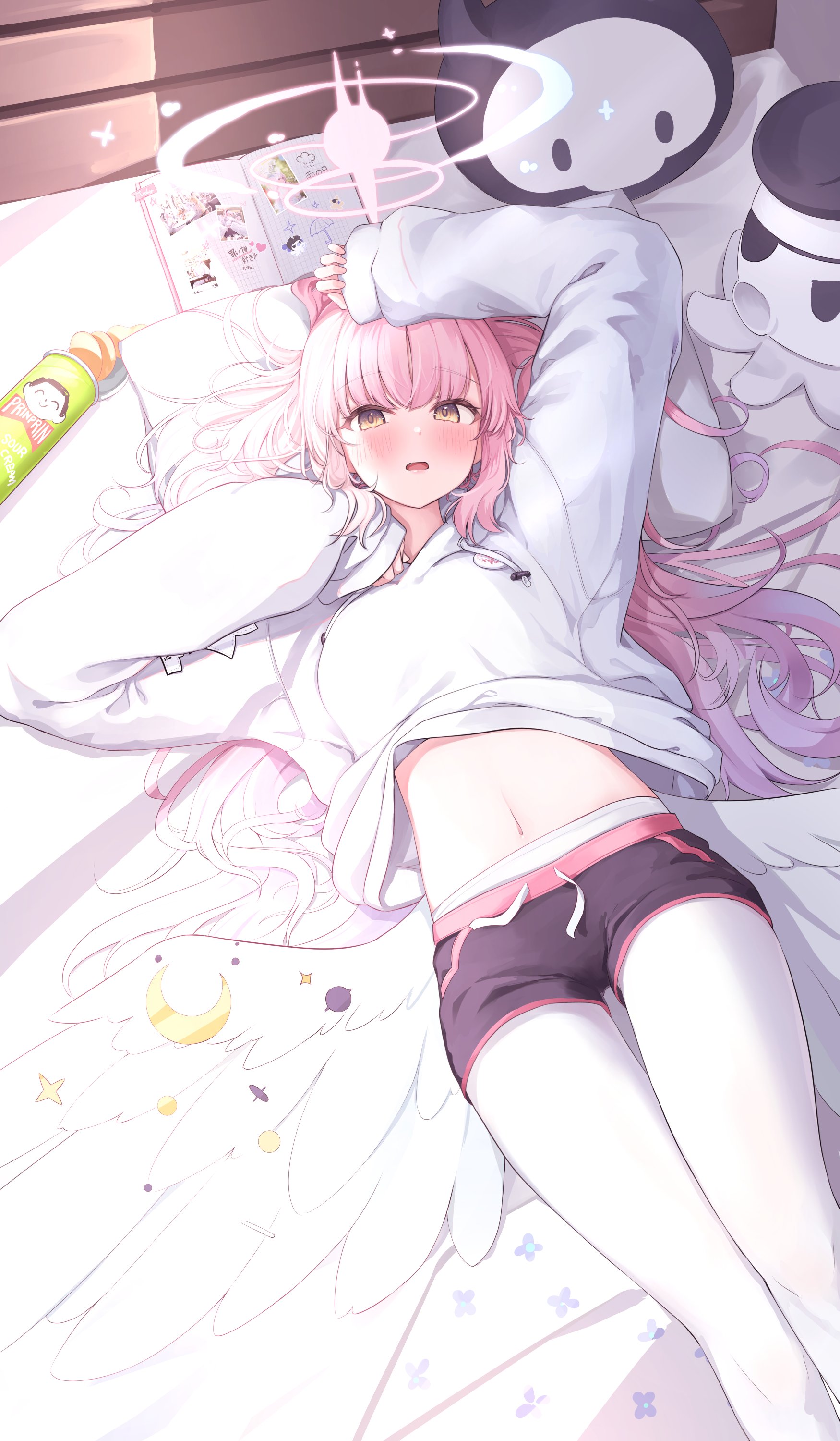 Anime 1750x3000 anime anime girls Pixiv portrait display Blue Archive Misono Mika lying down lying on back pink hair yellow eyes blushing open mouth sunlight wings bed pillow long hair in bed shorts belly belly button