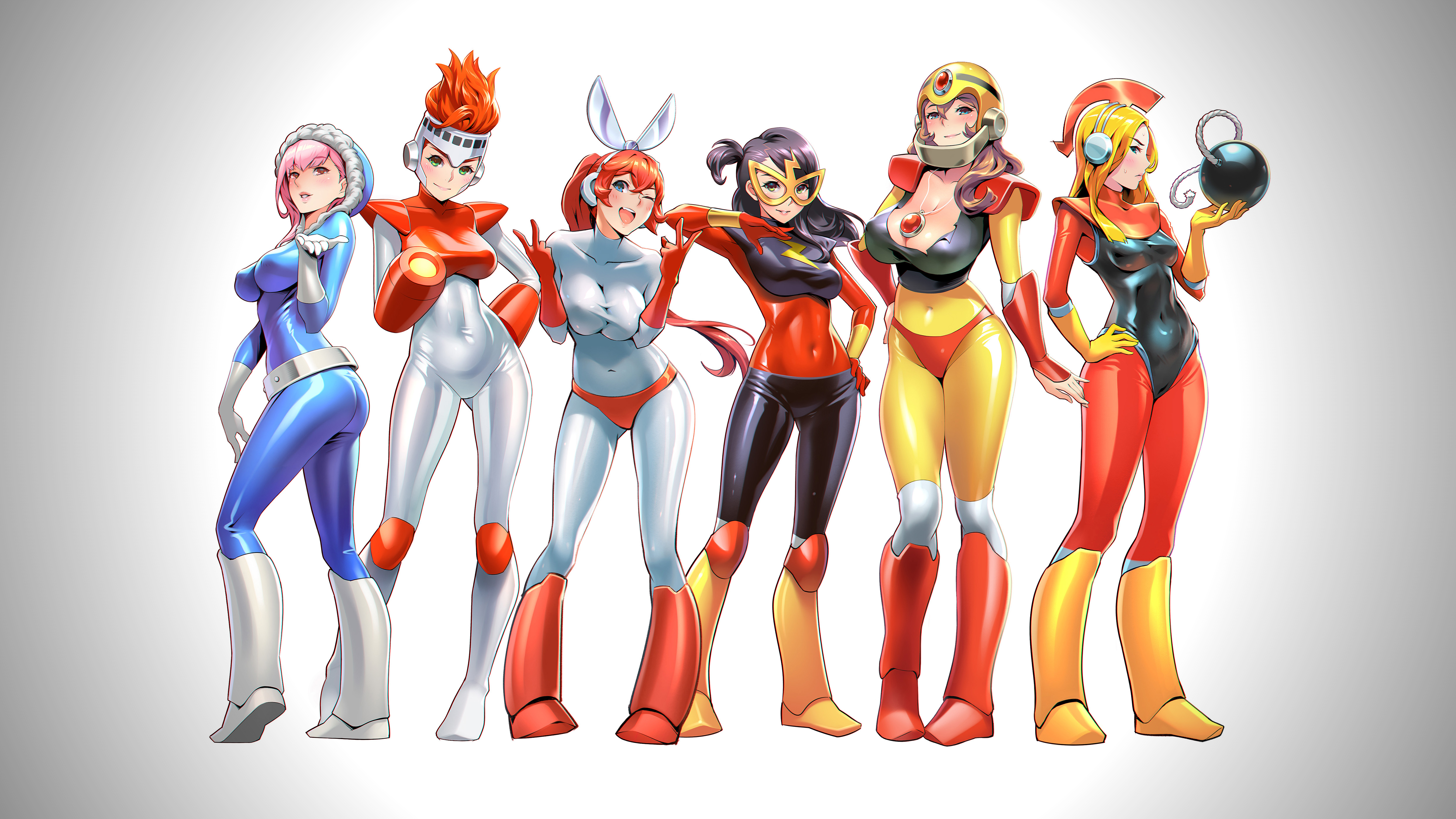 Anime 4978x2800 alternate costume blonde Mega Man genderswap retro games long hair looking at viewer scissors bombs tight clothing panties bodysuit wink cleavage boots fire robot bangs redhead helmet video games white background standing simple background ass one eye closed smiling video game girls face mask big boobs pressed boobs open mouth blushing one3four! line-up