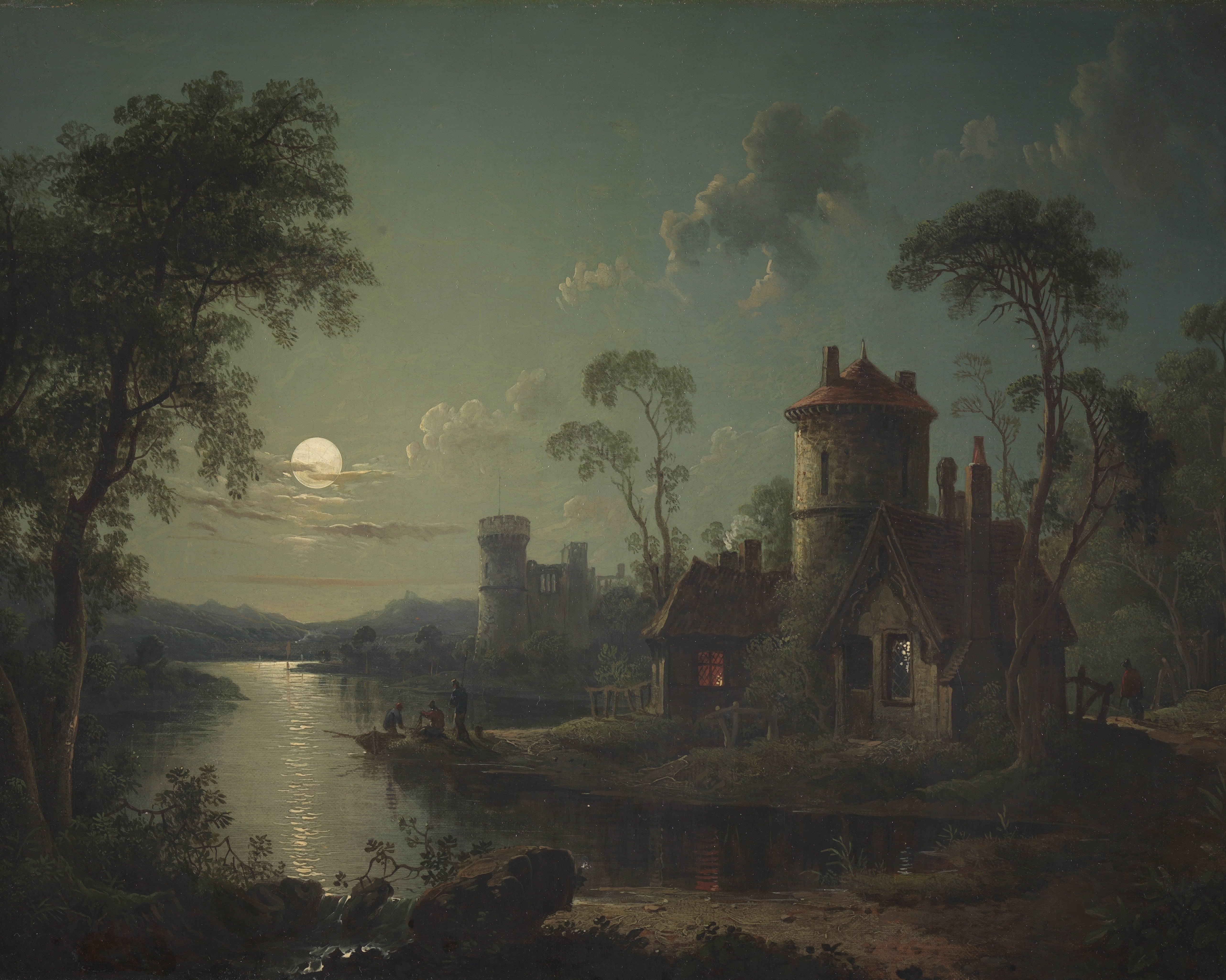 General 5128x4102 Sebastian Pether castle house moonlight Oil on canvas painting stream nature fishing landscape river evening glow chimneys cottage men water path clouds trees rocks rowboat digital art classic art