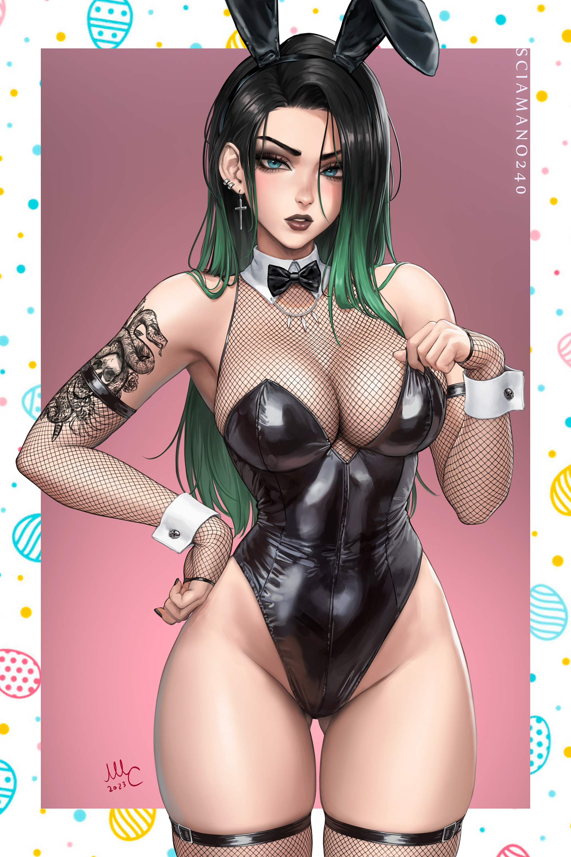 General 2000x3000 Mirco Cabbia digital art artwork illustration women tattoo bunny ears lingerie green hair makeup frame portrait display earring two tone hair gradient hair thighs cleavage big boobs fishnet looking at viewer simple background bow tie signature long hair bunny suit minimalism cross ear piercing April (Sciamano240) leotard