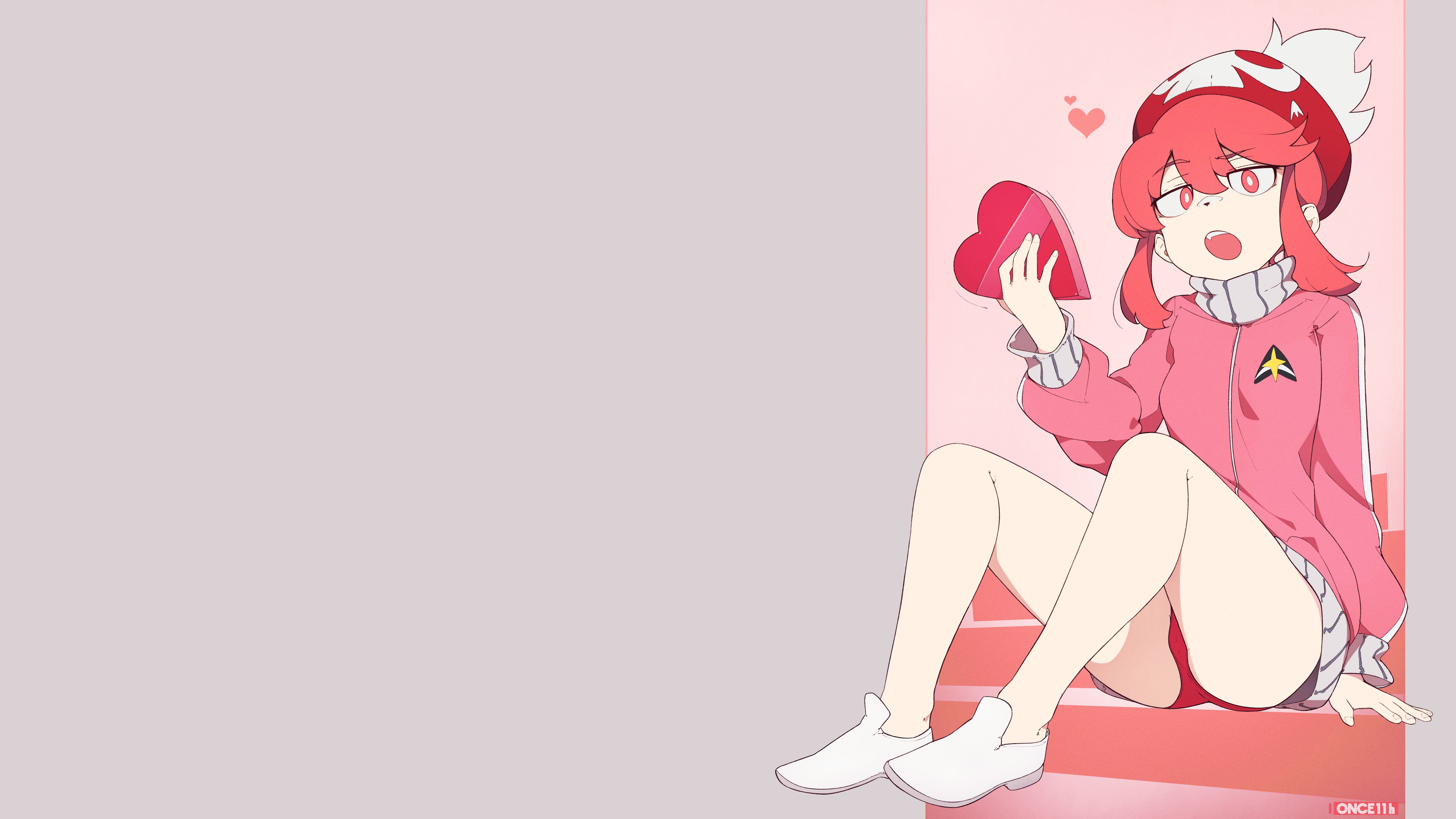 Anime 6027x3390 Kill la Kill hat thighs pantsu shot panties red panties shoes white shoes jacket Jakuzure Nonon chocolate chocolate box open mouth looking at viewer pink hair pink eyes anime girls heart (design) sitting low-angle Valentine's Day simple background skull