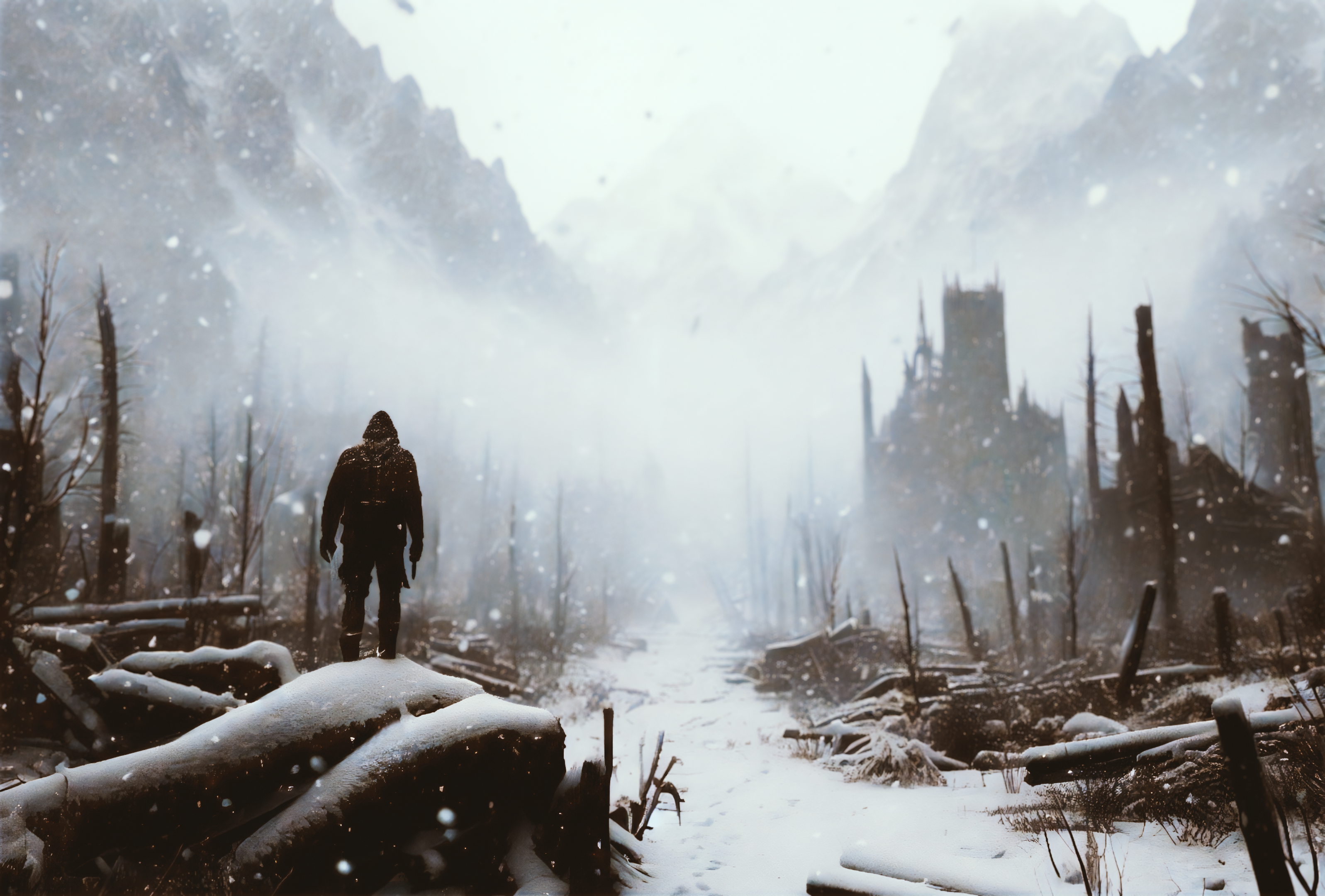 General 3194x2160 post apocalypse wasteland cold winter ruins snowstorm standing mist outdoors log AI art