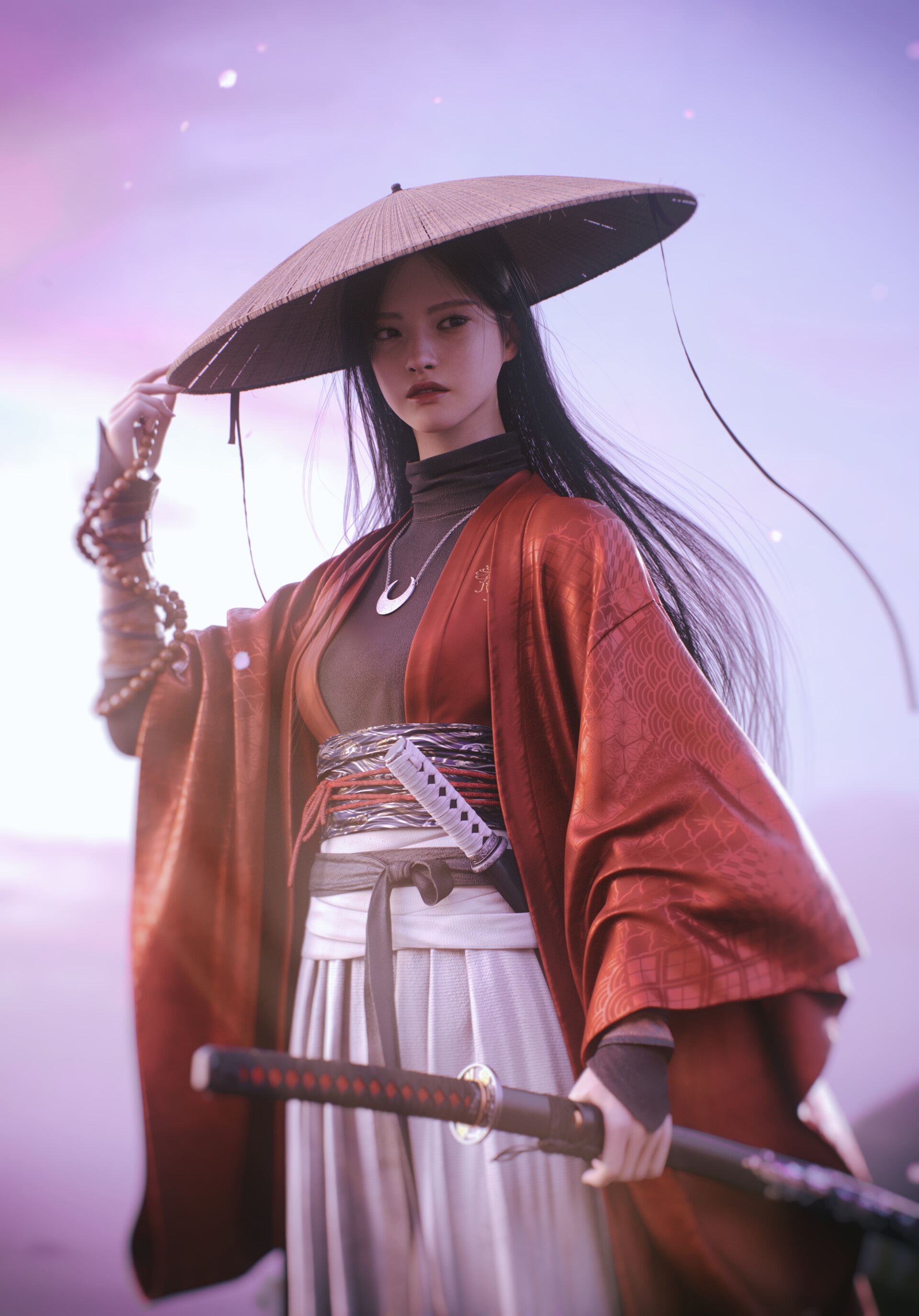 General 1920x2749 CGI women samurai hat red clothing necklace bright digital art portrait display looking sideways long hair Kim Yeong Gyu