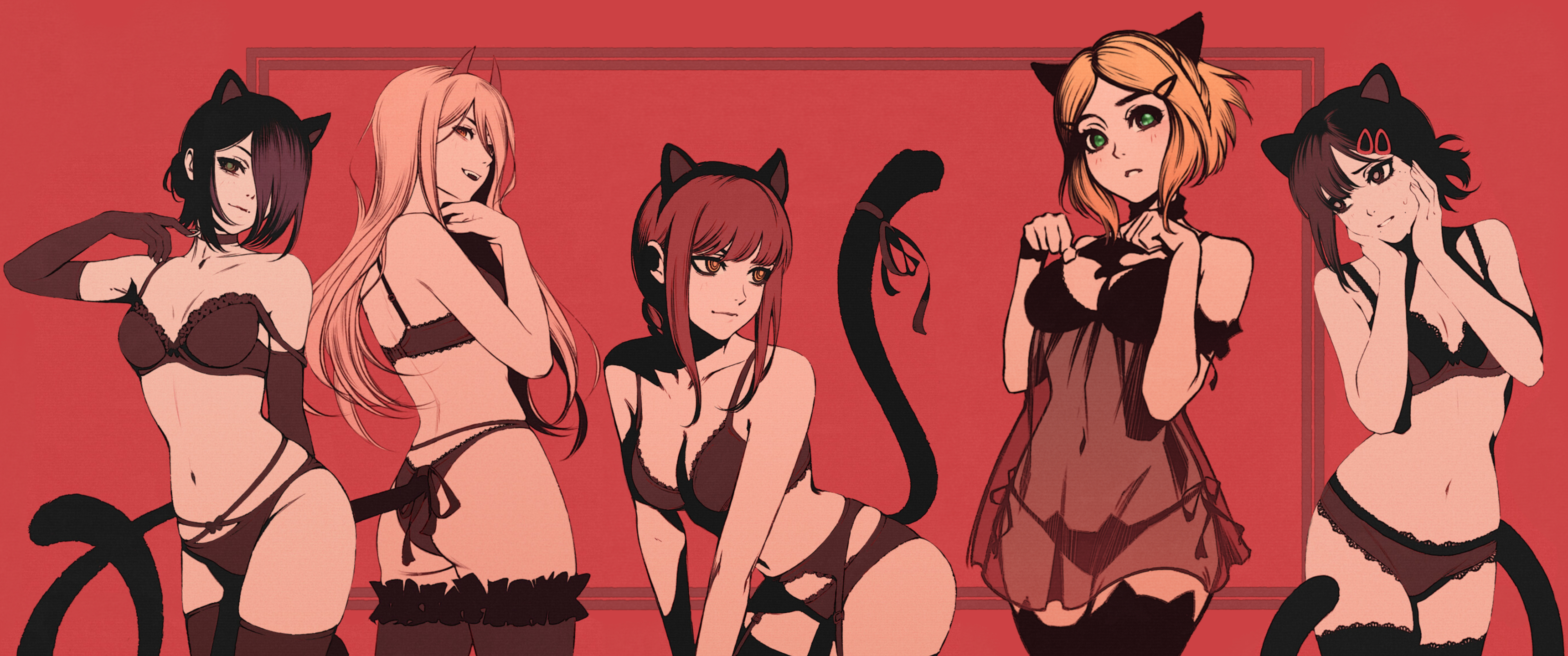 Anime 3440x1440 baby doll (lingerie) cat girl knee-highs ultrawide simple background lingerie looking at viewer smiling hair over one eye cat ears cat tail hand on face Makima (Chainsaw Man) Power (Chainsaw Man) Kobeni (Chainsaw Man) Chainsaw Man anime girls red ass Reze (Chainsaw Man)