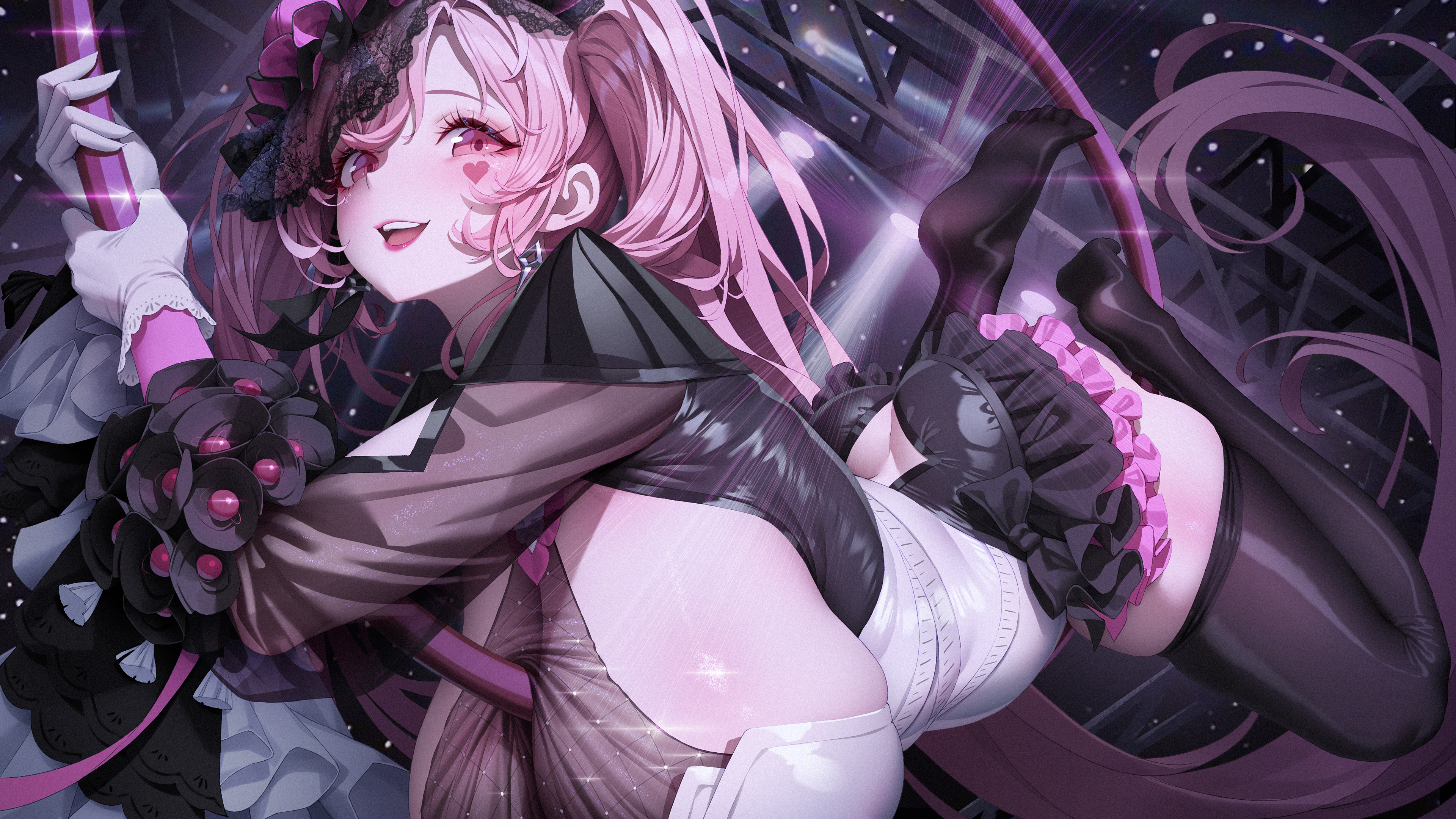 Anime 3840x2161 anime girls huge breasts pink hair looking at viewer item between boobs ass bent over skimpy clothes open mouth long hair butt crack thick thigh black stockings gloves white gloves twintails smiling thigh-highs Rhasta parted lips two tone hair lights stockings sideboob blushing sparkles frills veils night
