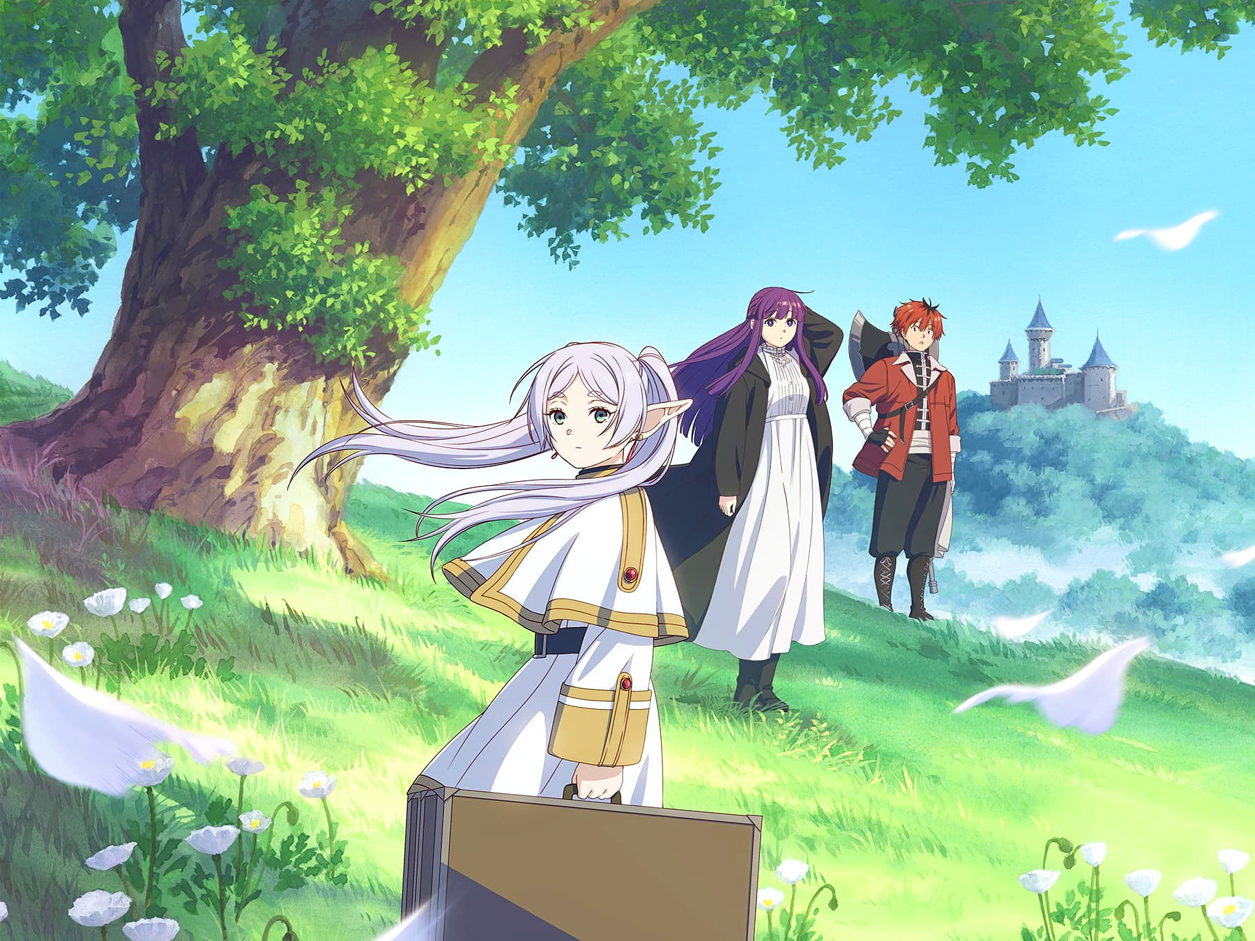 Anime 1800x1350 Sousou No Frieren anime Stark (Sousou no Frieren) Fern (Sousou No Frieren) Frieren looking at viewer wind hair blowing in the wind anime girls anime boys luggage grass trees petals flowers axes pointy ears long hair twintails castle earring