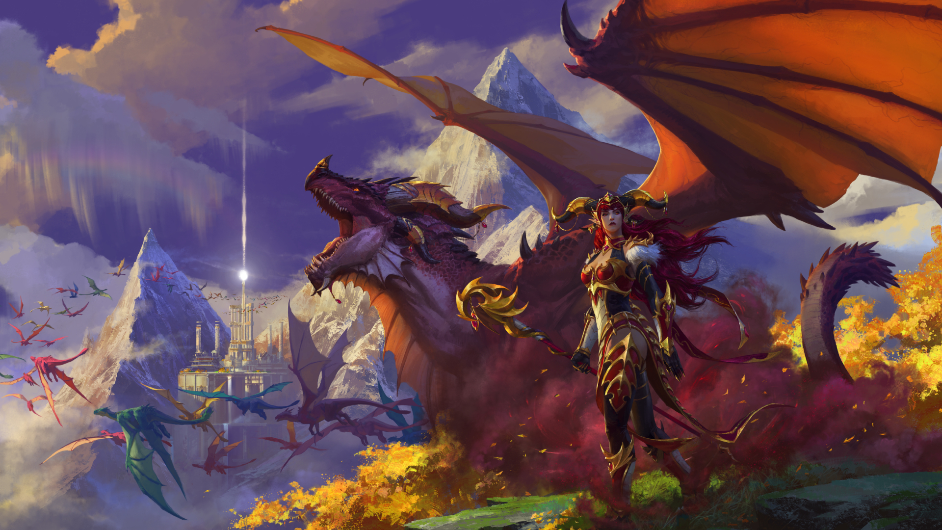 General 1920x1080 Warcraft Shadowlands dragon video game characters sky video game art clouds video game girls armor staff redhead grass walking sunlight video games pointy ears Alexstrasza