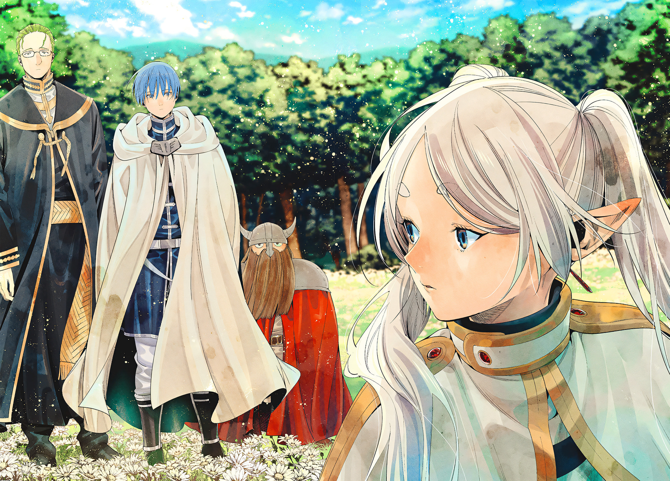 Anime 2229x1600 Sousou No Frieren Frieren Heiter (Sousou no Frieren) Himmel (Sousou no Frieren) Eisen (Sousou no Frieren) anime girls anime boys group of people forest flowers field trees anime pointy ears twintails looking back