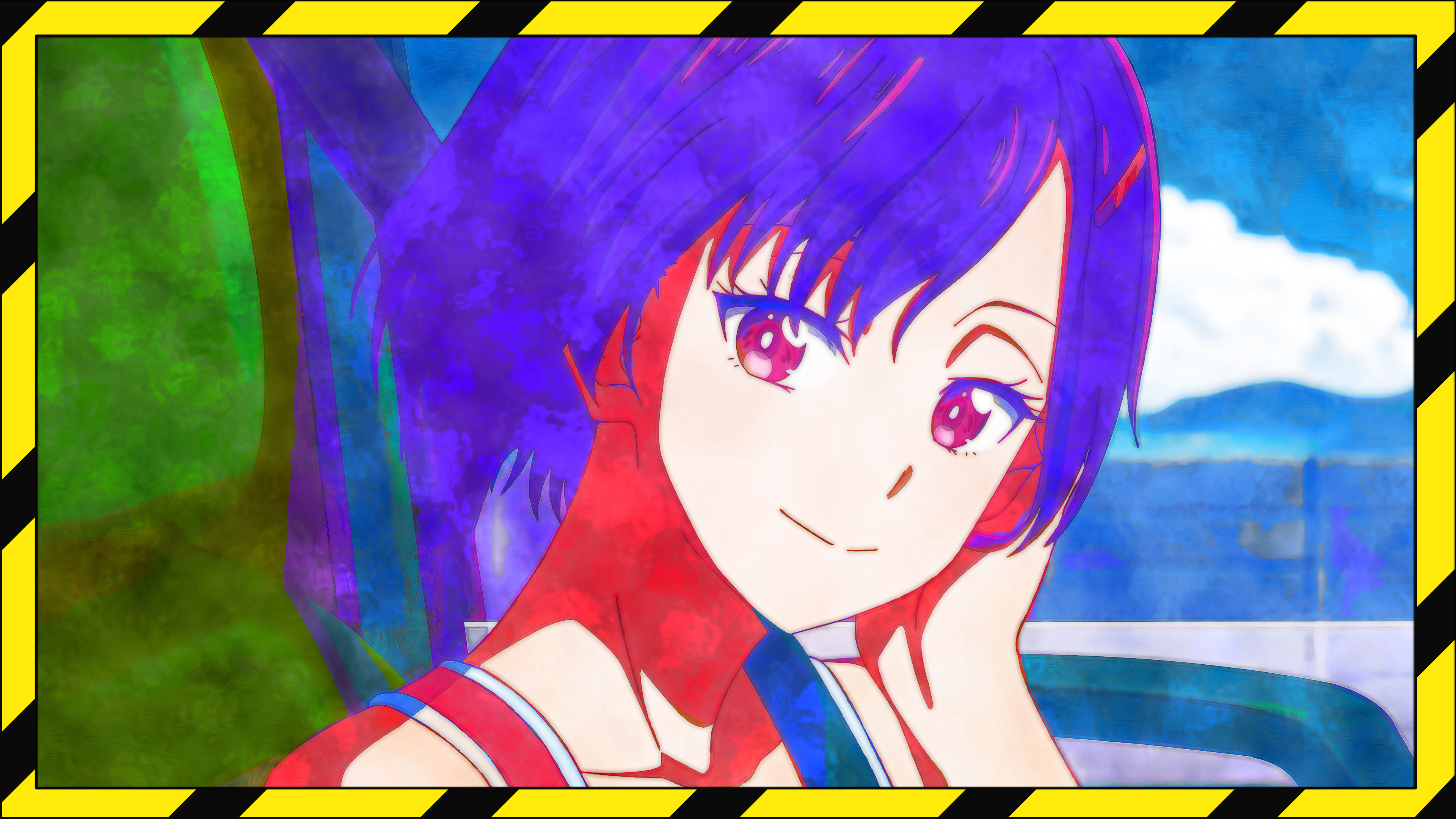 Anime 3840x2160 Zom 100: Bucket List of the Dead Shizuka Mikazuki clouds anime girls smiling short hair sitting purple hair purple eyes looking at viewer