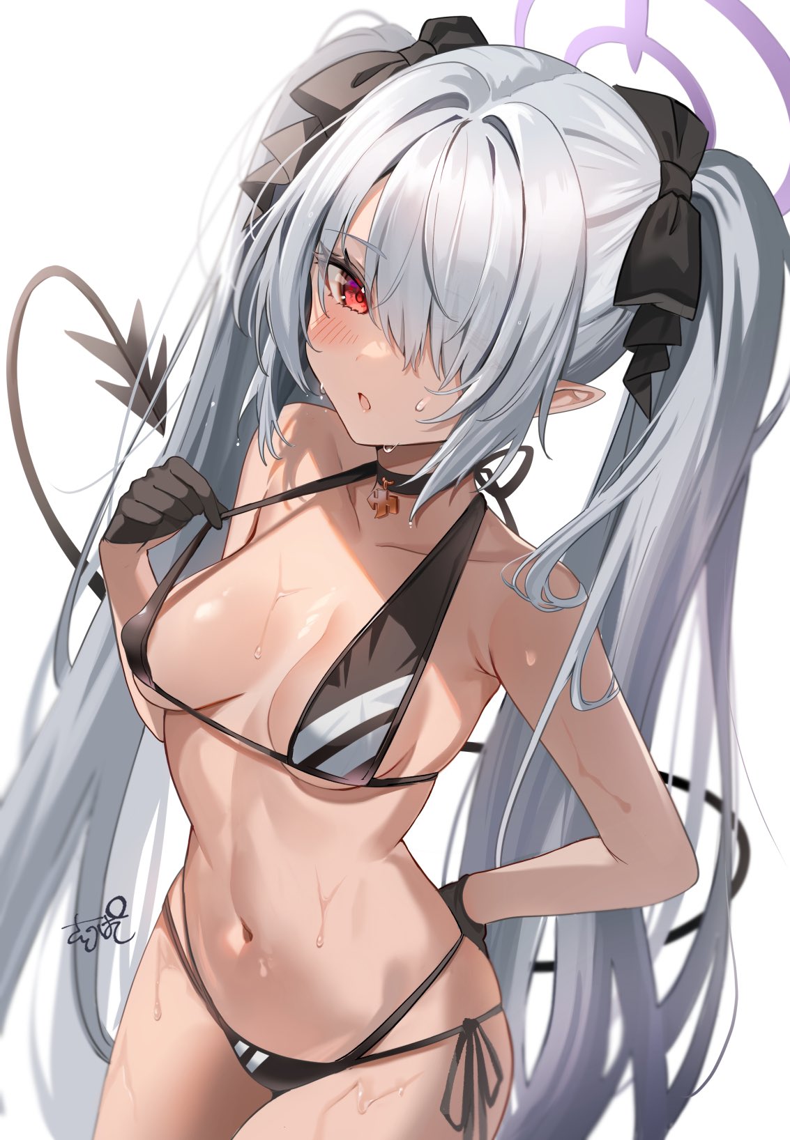 Anime 1133x1636 silver hair red eyes anime girls bikini swimwear belly cleavage cleavage cutout looking at viewer twintails hair bows demon girls tail portrait display gloves choker wet blushing hair over one eye signature boobs pointy ears minimalism white background standing long hair pulling clothing Shiromi Iori Blue Archive