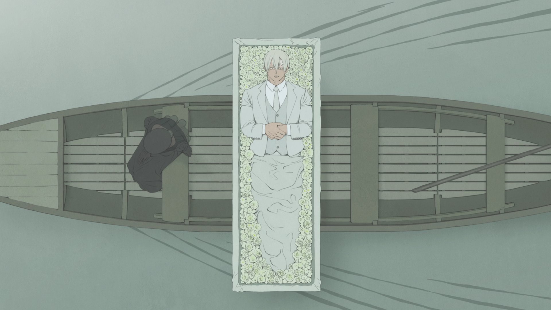 Anime 1920x1080 Undead Unluck anime boys boat suit and tie lying down lying on back flowers water