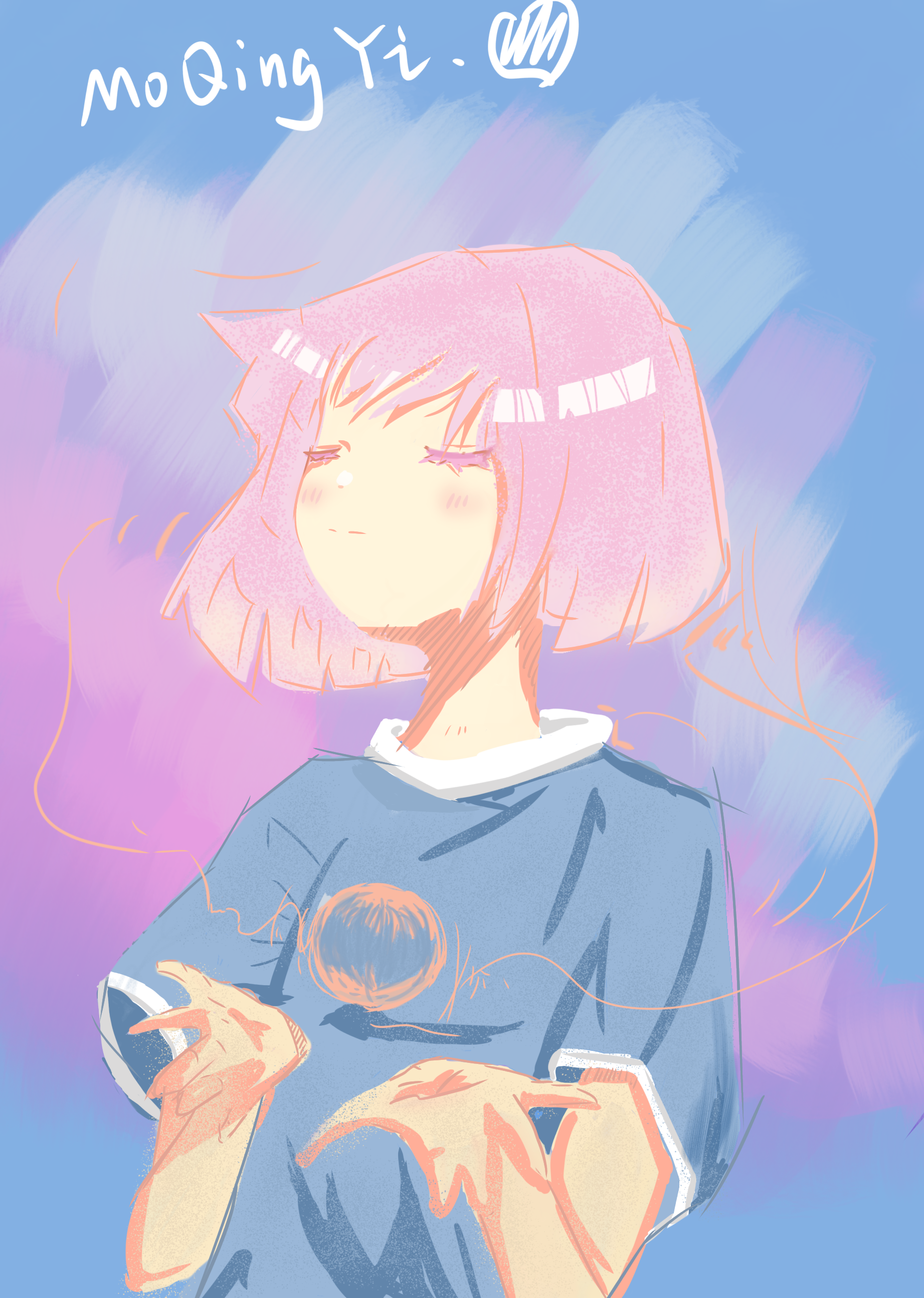 Anime 1843x2589 MoQingYi（artist） clouds purple background pink hair blue shirt closed eyes short hair portrait display anime girls