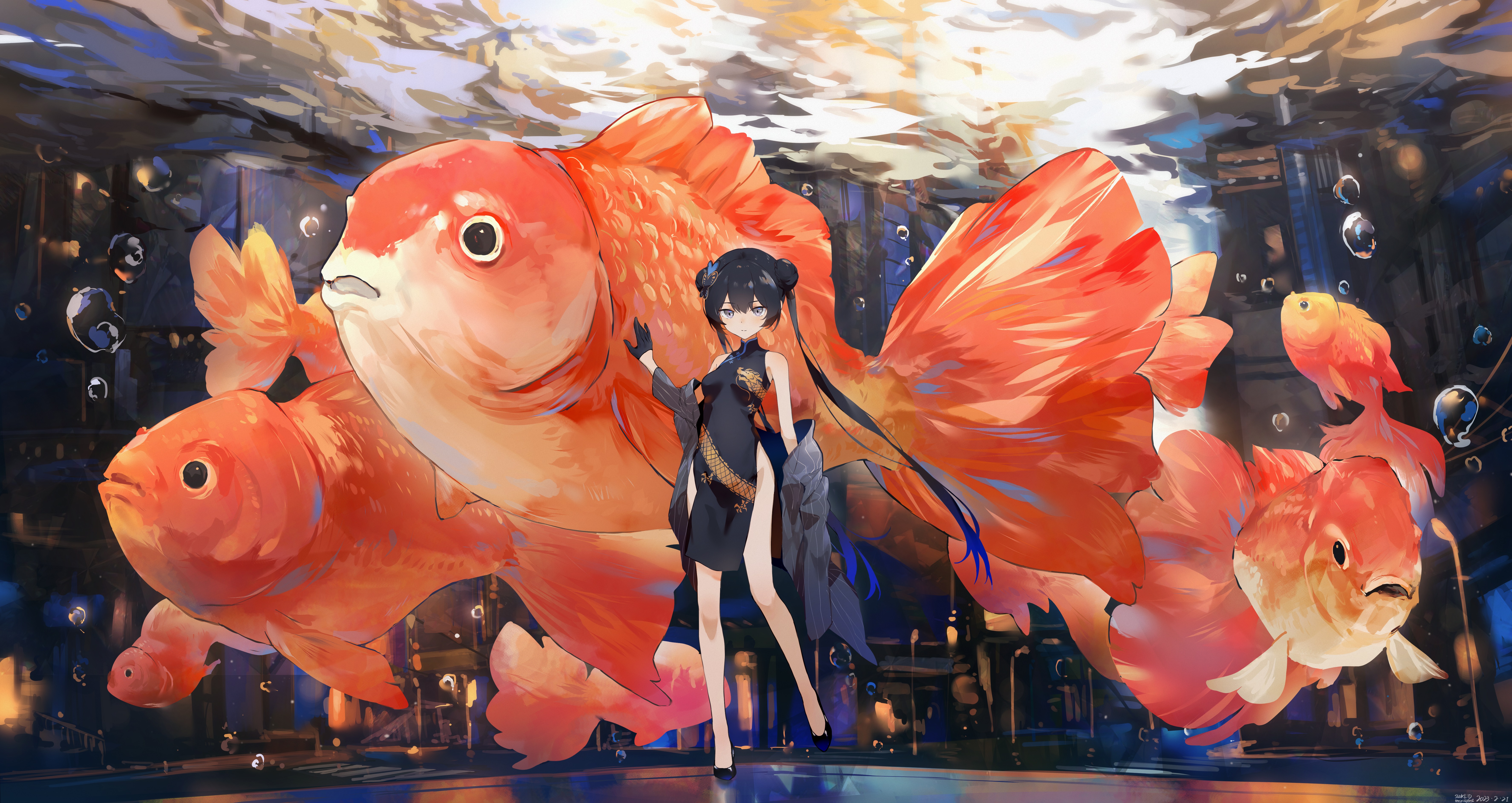 girl anime realistic water with fish | Wallpapers.ai