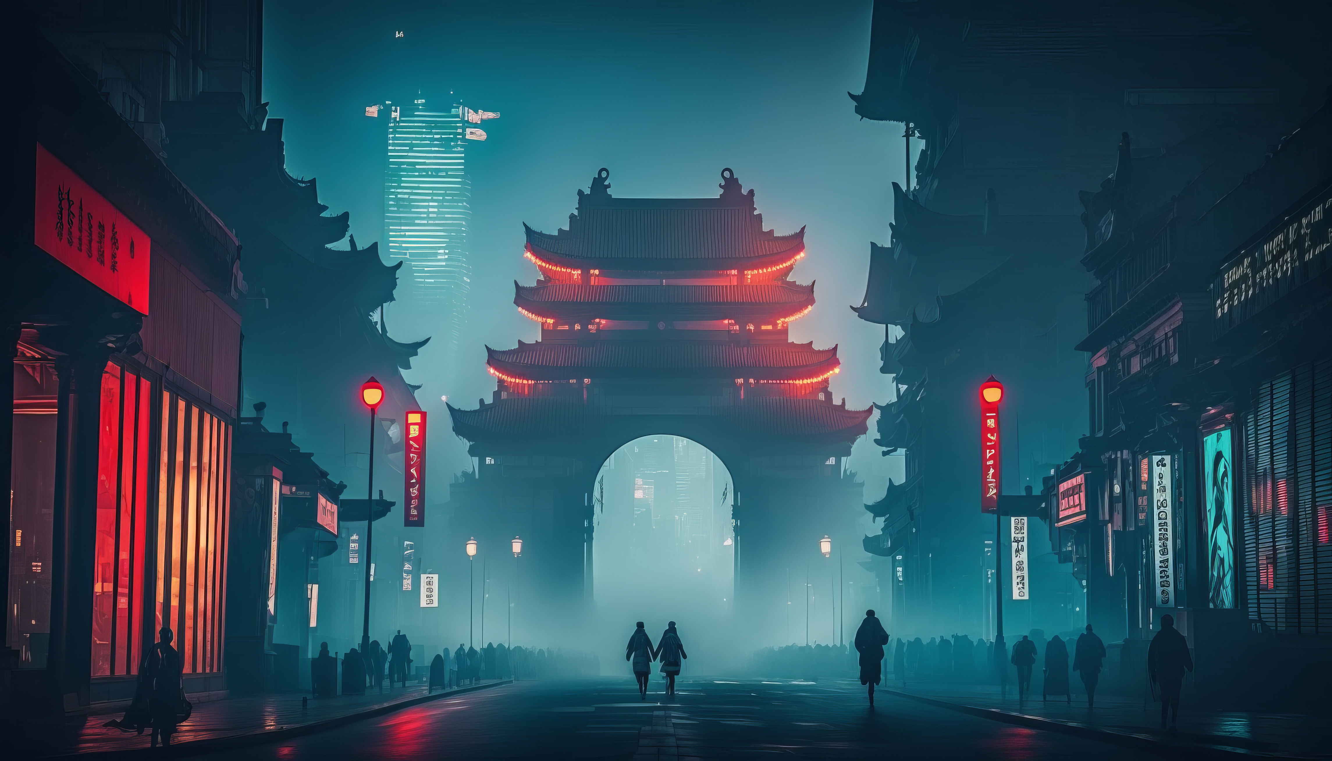 General 4579x2616 AI art illustration street city city lights night