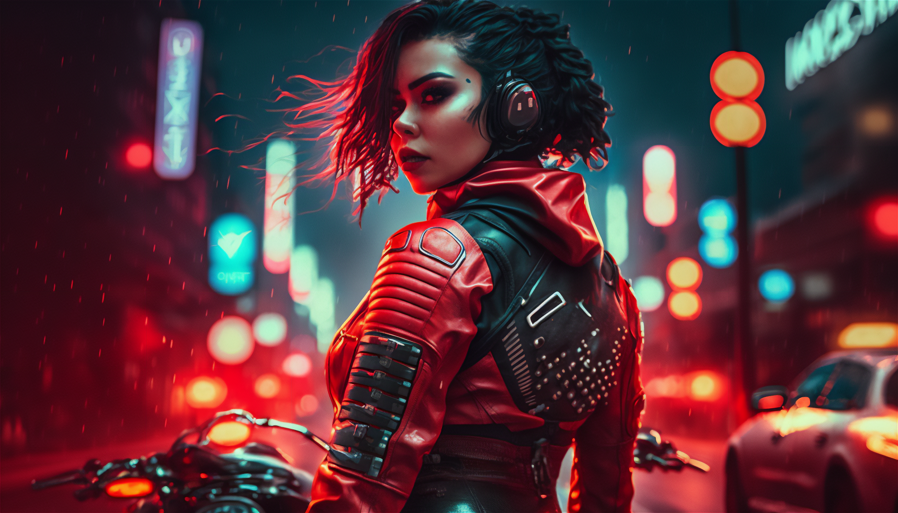 General 3136x1792 AI art cyberpunk city women biker girl looking back looking at viewer city lights headphones motorcycle car