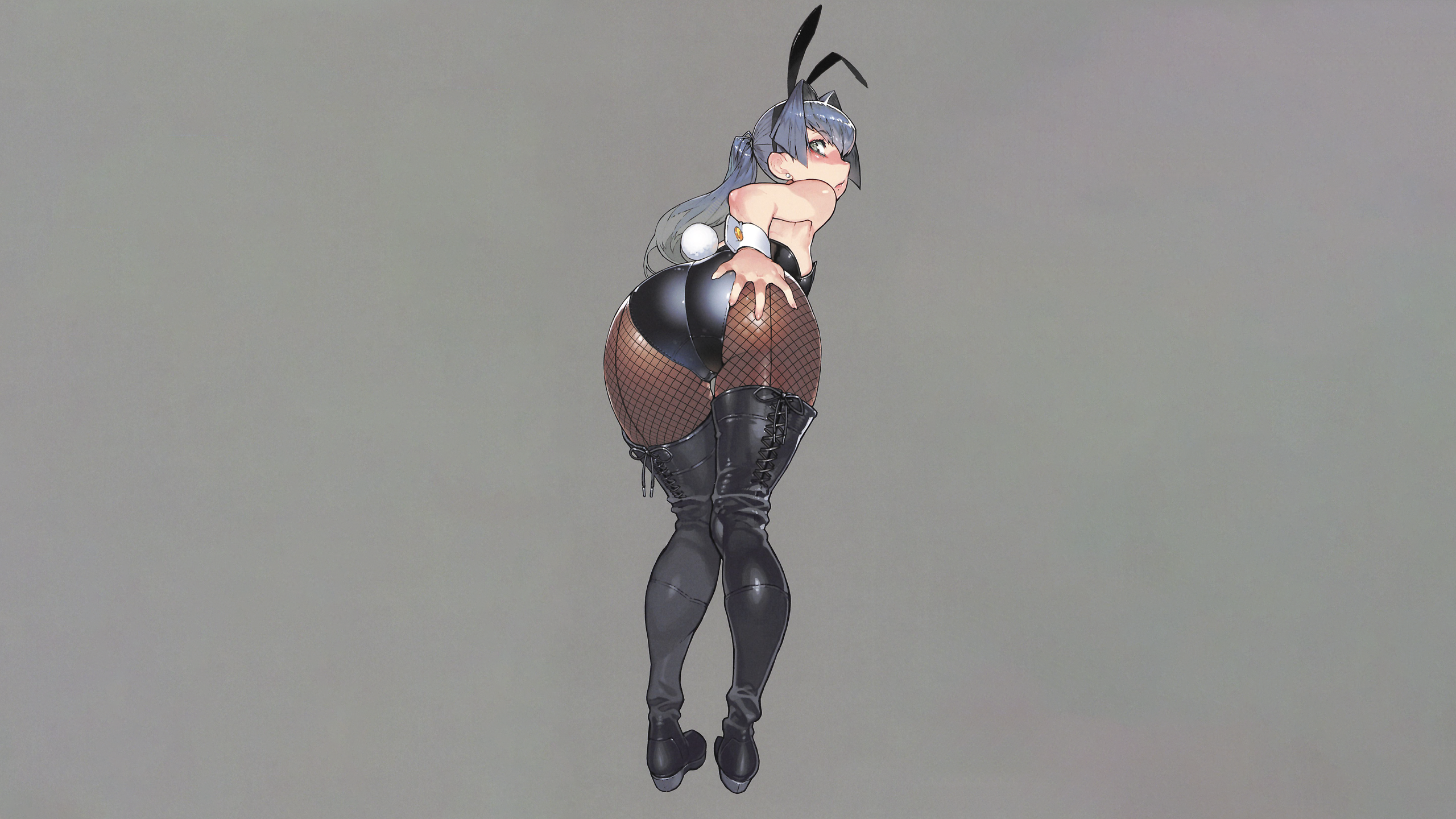Anime 2560x1440 anime anime girls simple background minimalism gray background ass thick ass thighs thigh-highs thick thigh fishnet pantyhose fishnet pantyhose black legwear black pantyhose bunny suit black leotard black bodysuit bodysuit bunny girl bunny ears bunny tail Namaniku ATK ecchi hands on ass looking back blushing looking at viewer