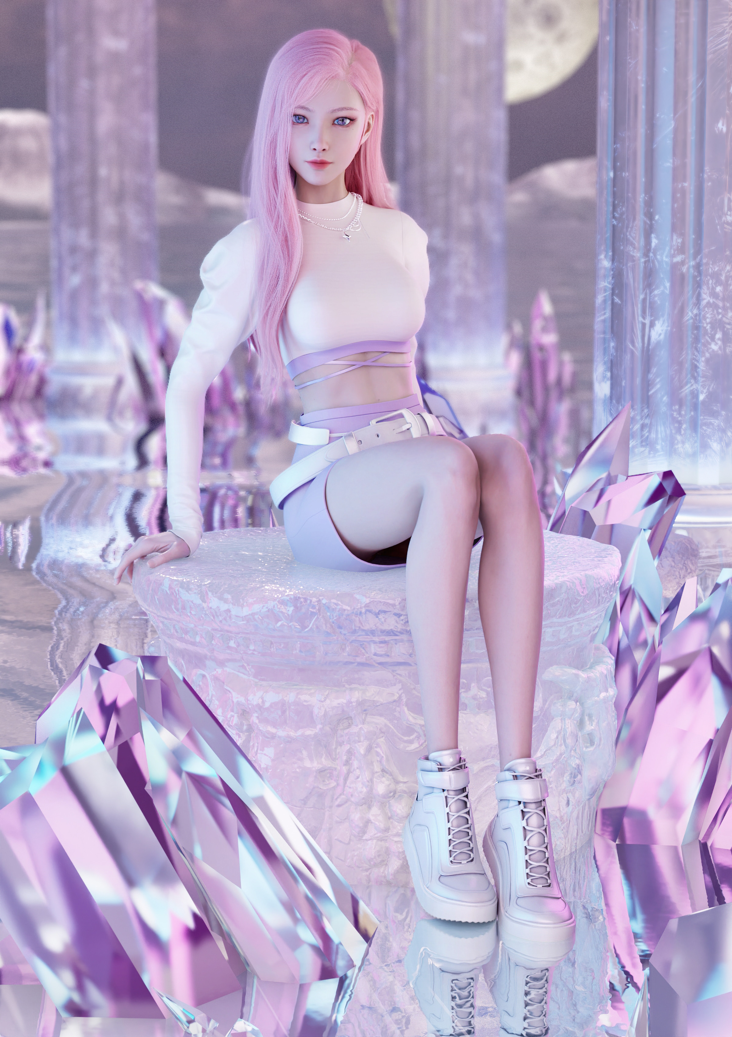 General 2400x3400 Octavian Wang CGI women pink hair white clothing pink reflection crystal  portrait display Moon sitting blue eyes looking at viewer thighs