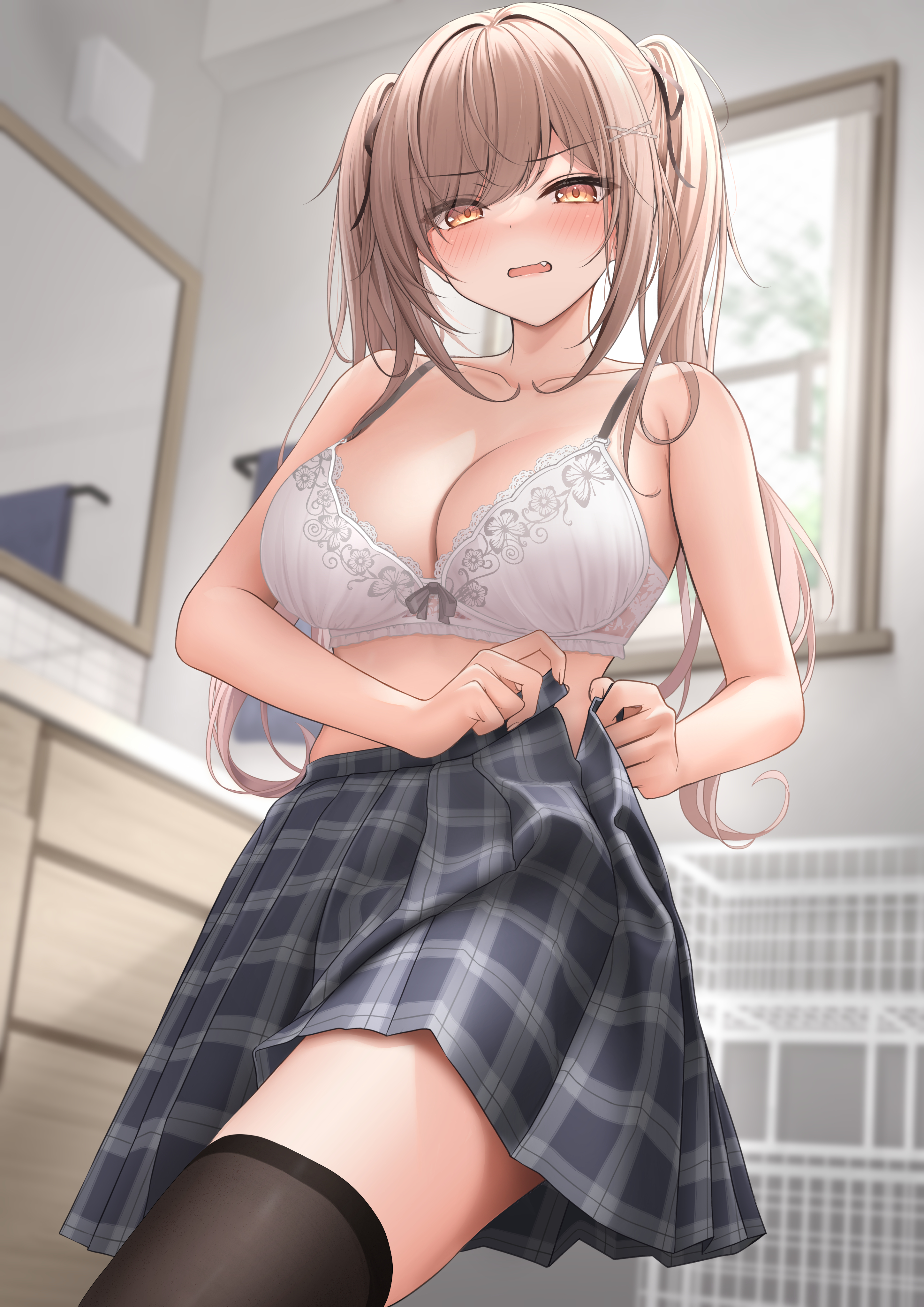 Anime 2894x4093 anime anime girls vertical bra cleavage twintails stockings big boobs blushing dressing artwork Karu