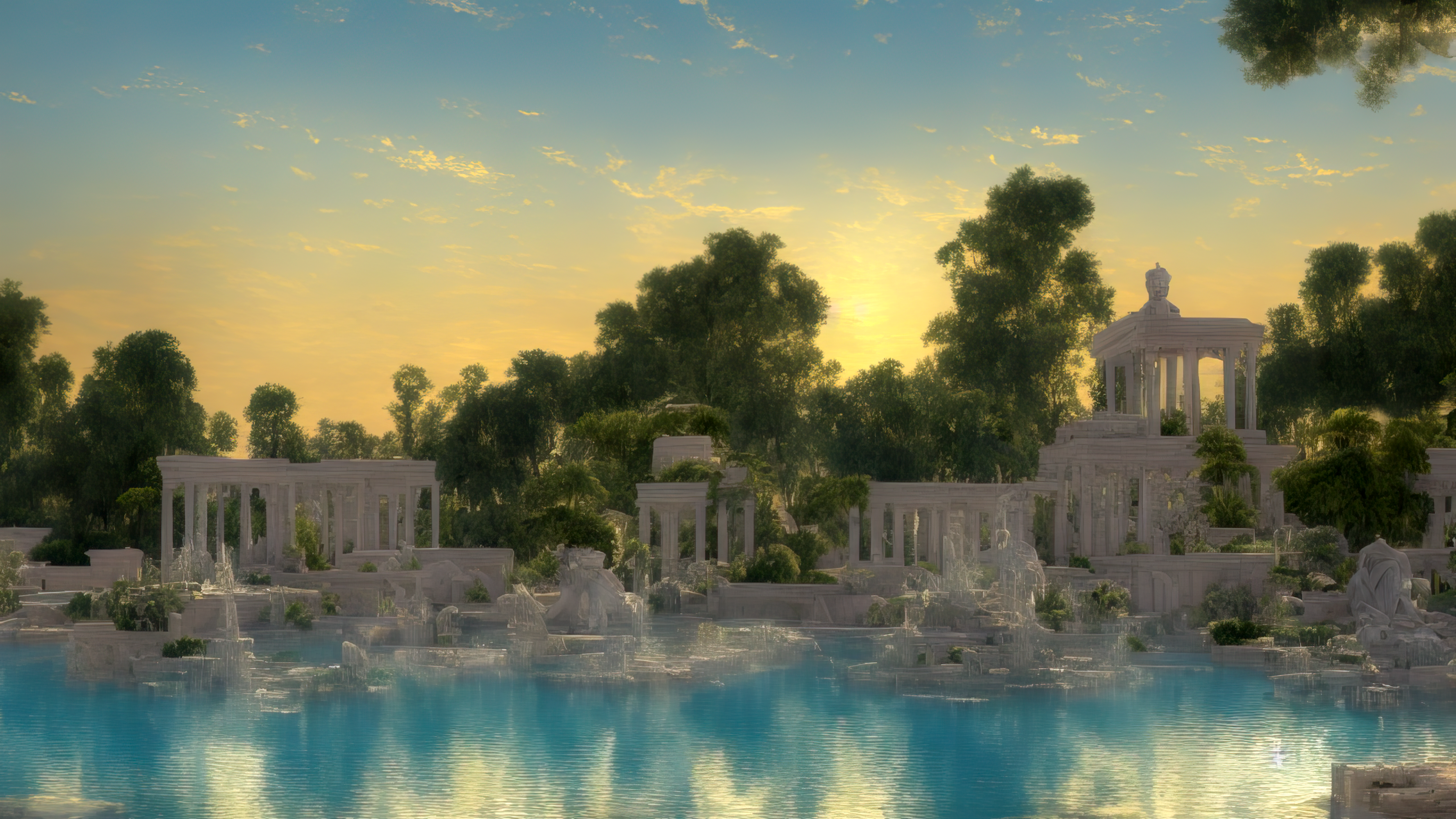 General 3840x2160 AI art Stable Diffusion Greek Columns ruins landscape ancient greece ancient Greek sky clouds trees plants water lake