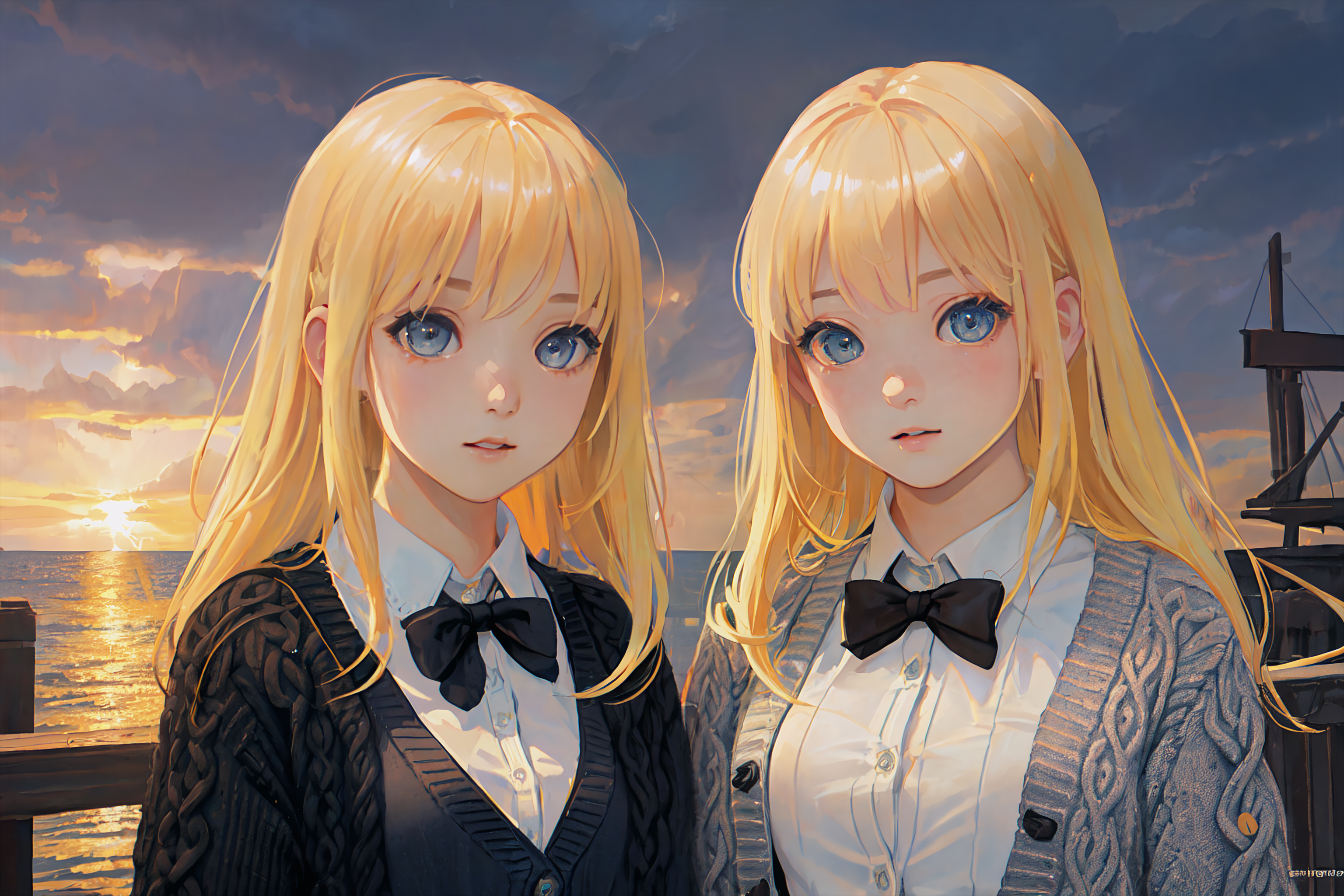Anime 3072x2048 Stable Diffusion sunset blonde cardigan blue eyes clouds water landscape AI art sunset glow sky looking at viewer bow tie anime girls twins