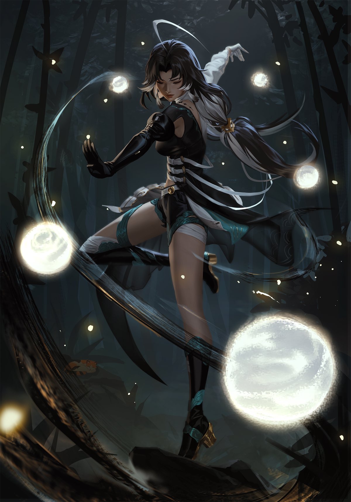 Anime 1200x1716 Wuthering Waves long hair portrait display bandages Jianxin (Wuthering Waves) standing on one leg orb floating particles gloves mismatched gloves boots two tone hair closed eyes hair ornament Sean Tay thighs women outdoors elbow gloves bare midriff ponytail clothing cutout forest trees night