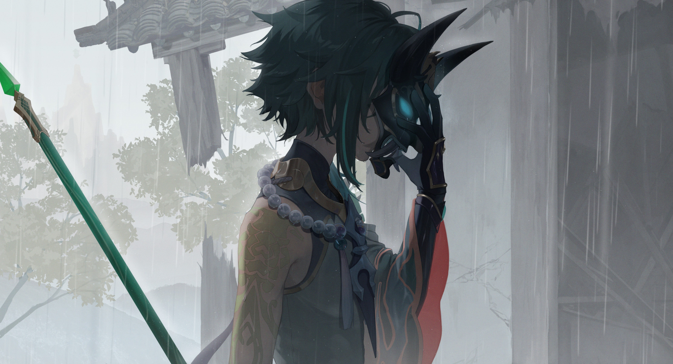 Anime 2219x1200 Genshin Impact Xiao (Genshin Impact) mask gauntlets green hair necklace beads pearls spear temple anime boys side view trees rain pearl necklace face mask wide sleeves standing weapon short hair wet hair bare shoulders