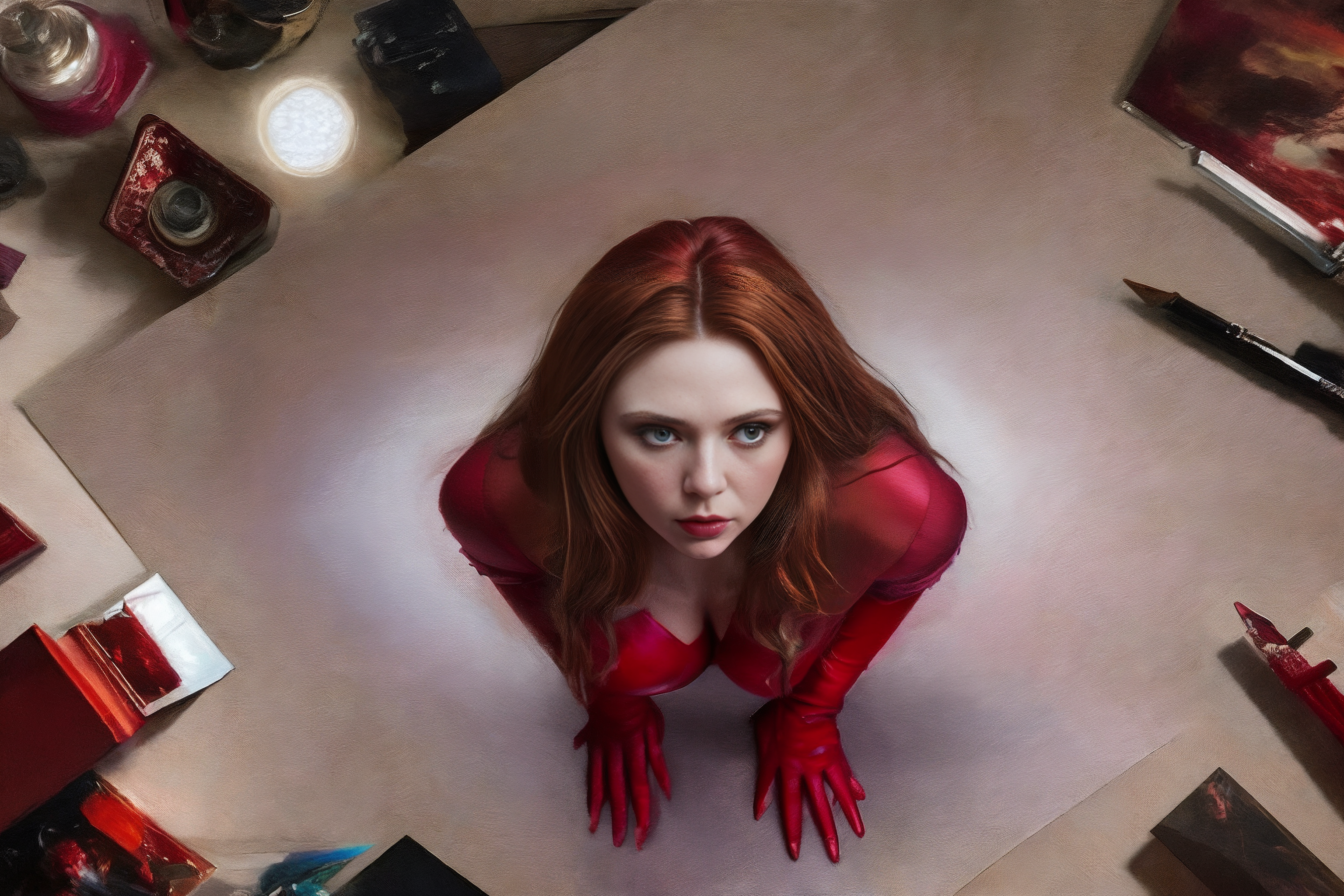 General 3072x2048 cleavage cutout looking up red clothing redhead tight clothing cosplay AI art Marvel Comics Scarlet Witch long hair red lipstick lipstick closed mouth blue eyes top view women