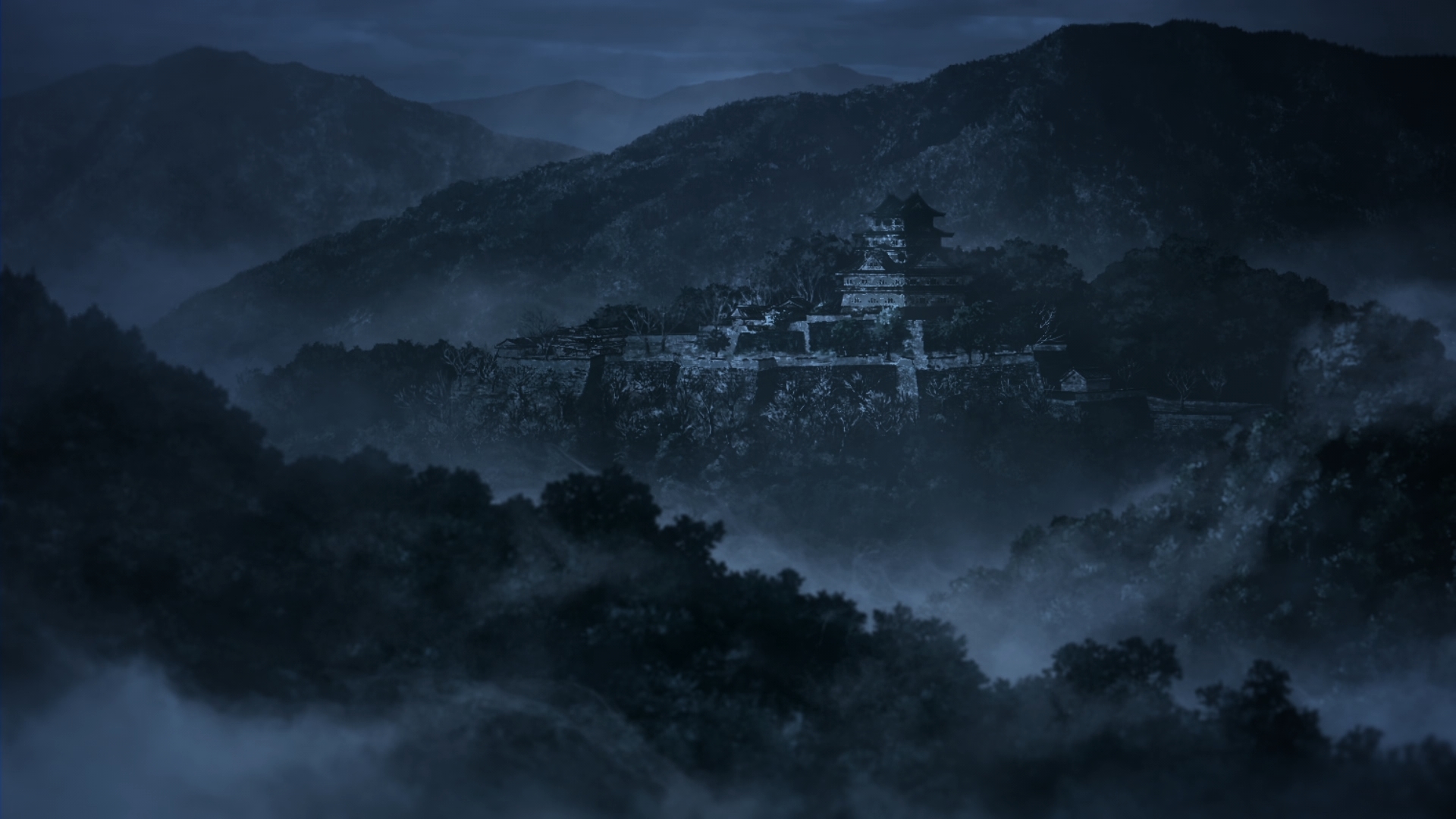 General 1920x1080 Kimetsu no Yaiba dark mist castle fog anime Anime screenshot forest night hills trees landscape