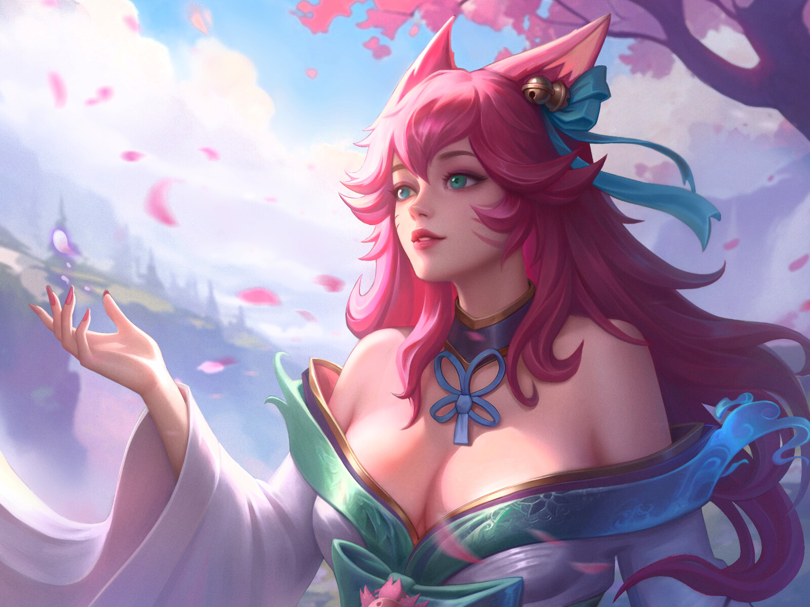 General 1600x1200 Heng Yue drawing women pink hair fox girl turquoise eyes cleavage Ahri (League of Legends)