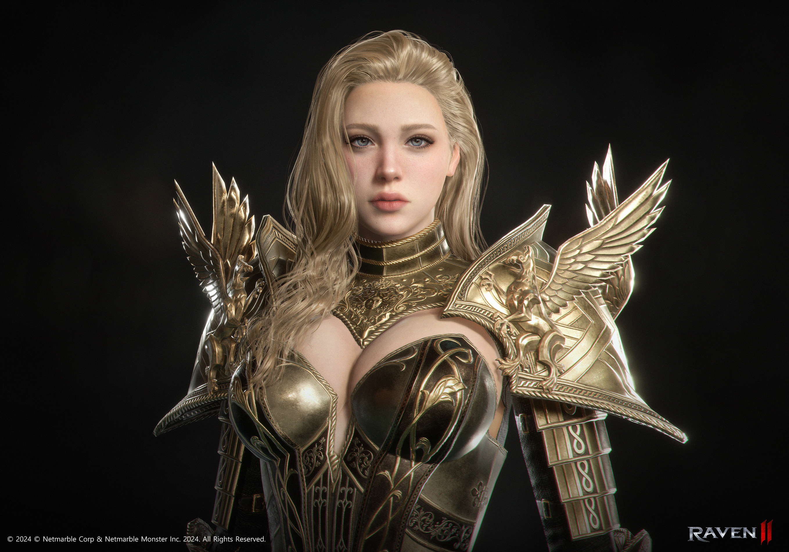 General 2717x1900 Minsu Kim CGI women blonde armor gold digital art watermarked simple background 2024 (year)