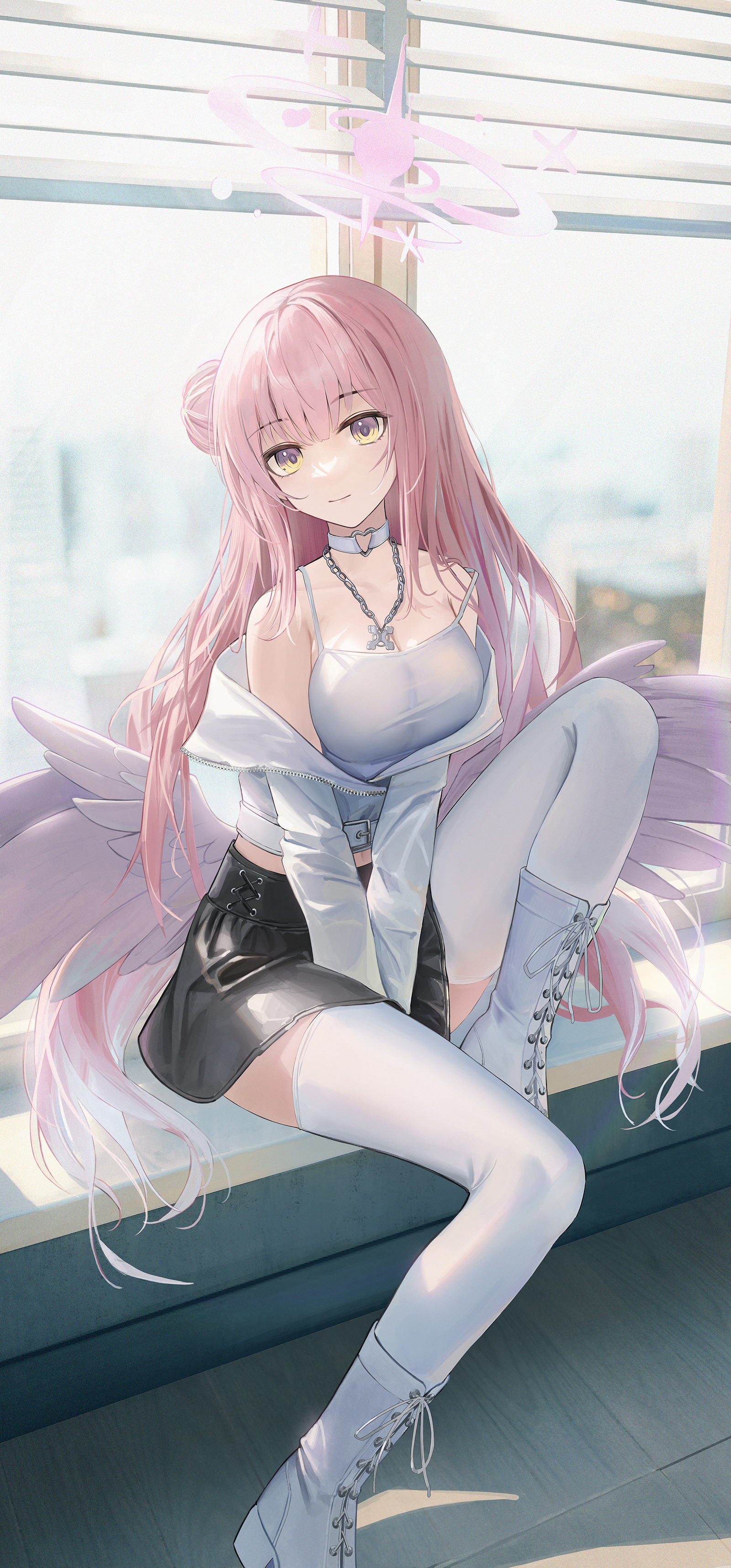 Anime 1600x3434 anime anime girls portrait display Flippy Misono Mika sitting Blue Archive long hair pink hair closed mouth looking at viewer hairbun yellow eyes collarbone white thigh highs skinny thigh-highs by the window window blinds boots cleavage head tilt bent legs choker off shoulder strap falling off shoulder hand(s) between legs long sleeves wings