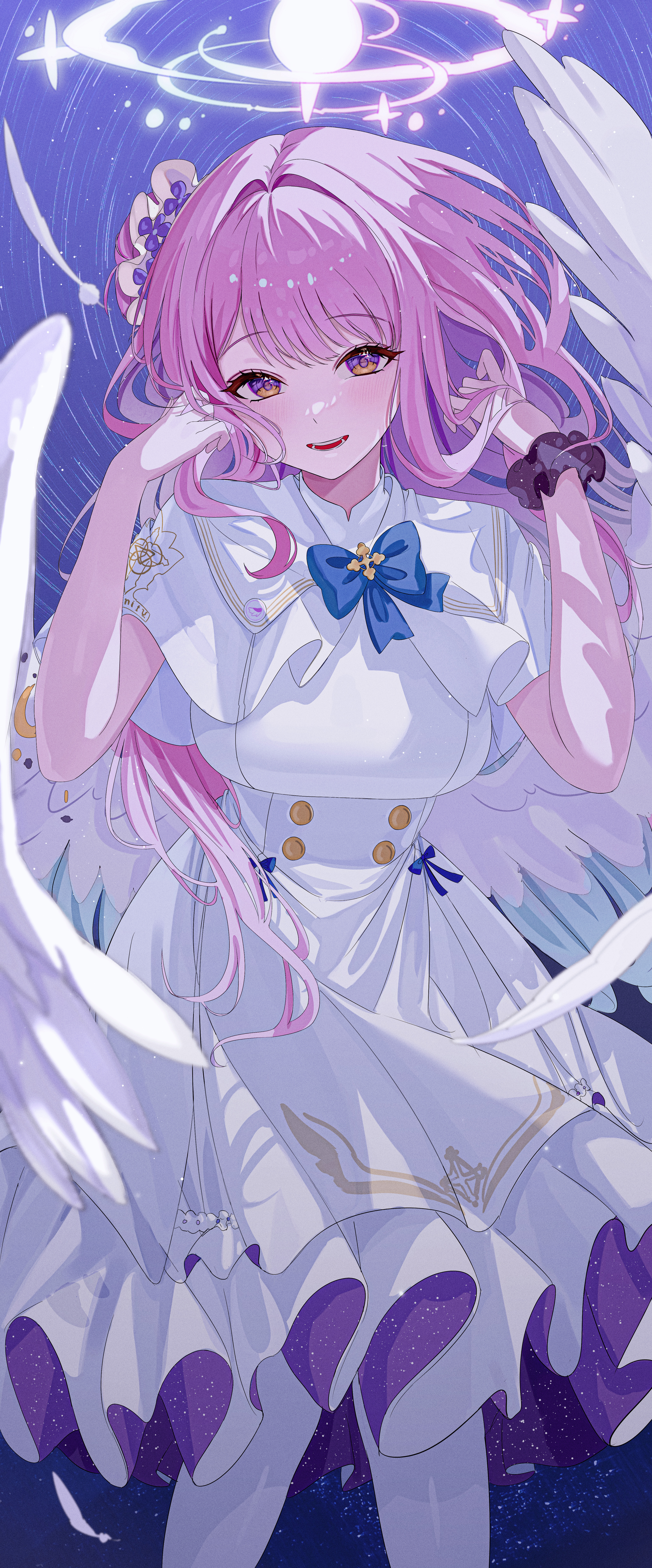 Anime 3186x7664 anime anime girls Misono Mika Blue Archive portrait display long hair looking at viewer pink hair gradient eyes bow tie parted lips blushing smiling white dress angel wings flower in hair hairbun teeth dress feathers