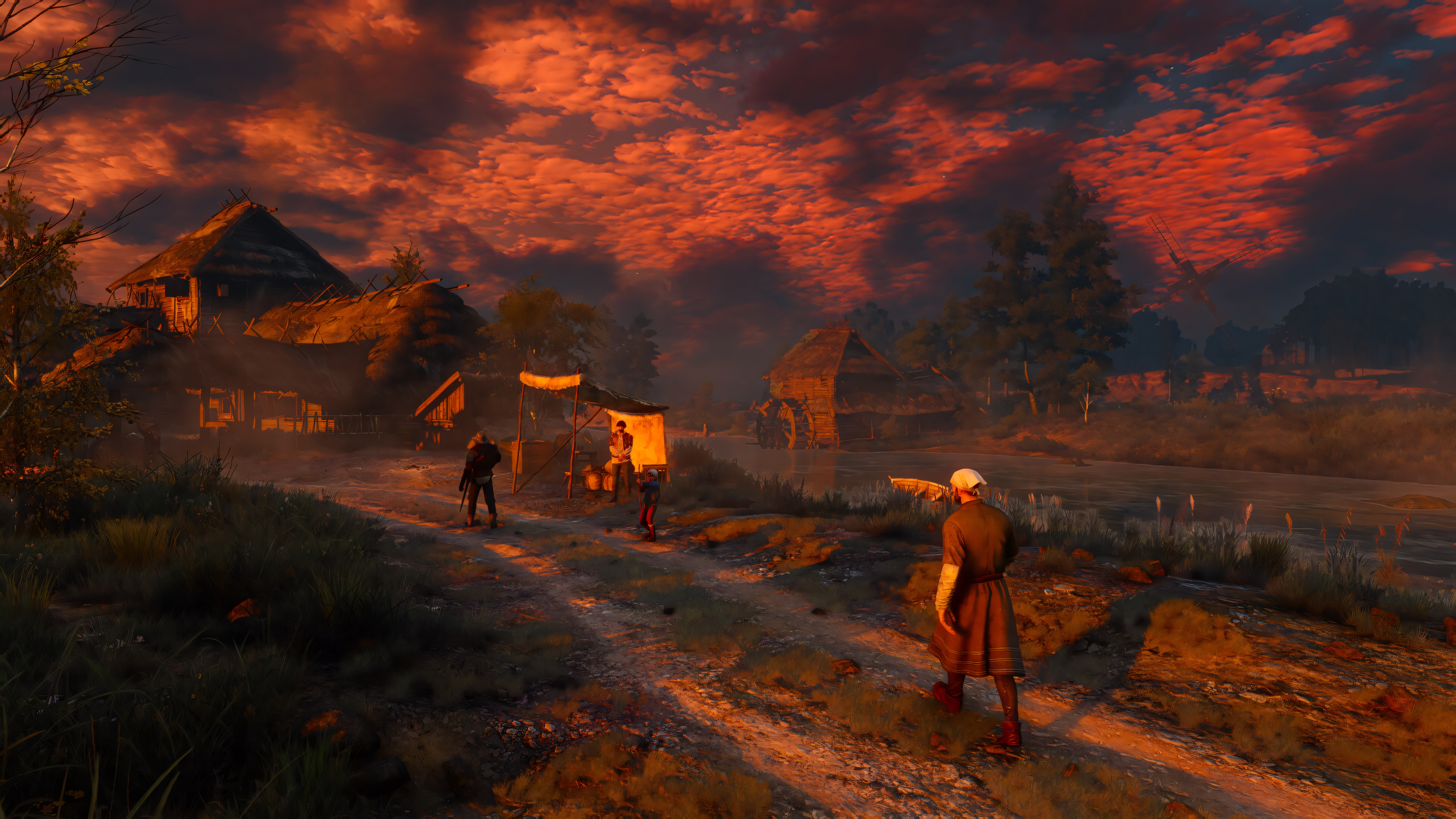 General 3840x2160 folk people video game art video games The Witcher 3: Wild Hunt village red sky golden hour
