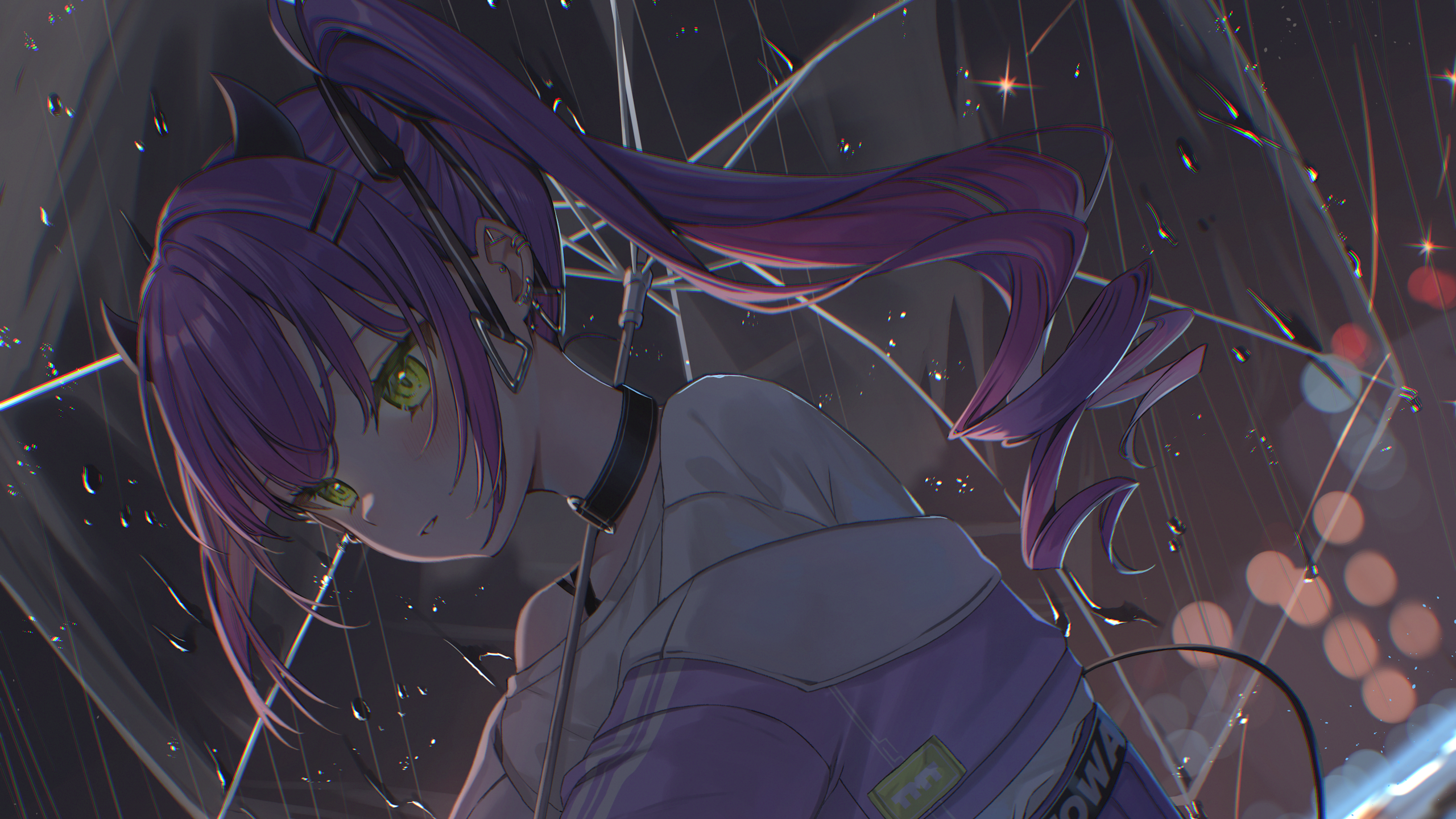 Anime 2560x1440 anime anime girls earring purple hair choker green eyes rain umbrella