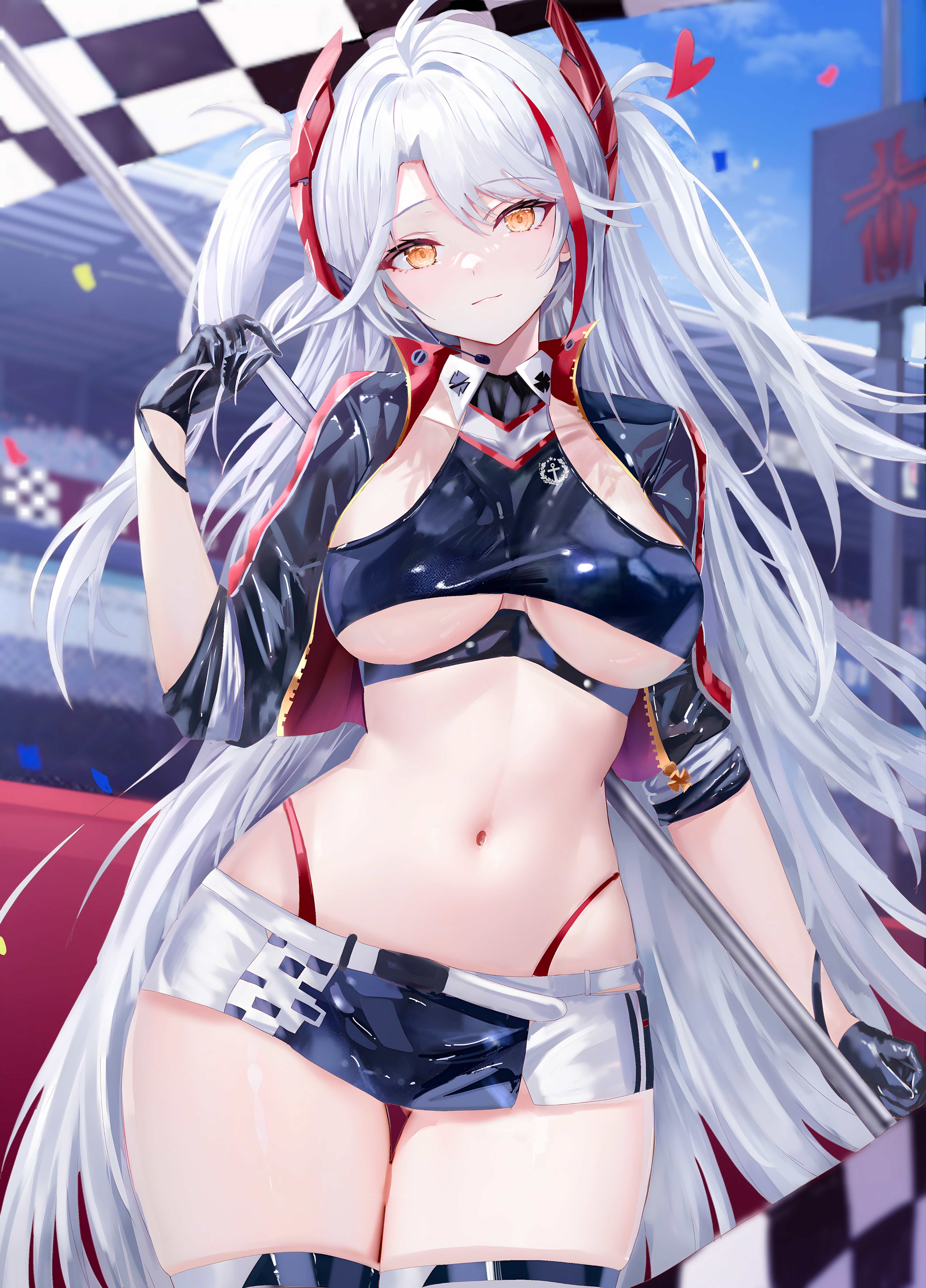 Anime 5751x8000 Azur Lane Prinz Eugen (Azur Lane) anime girls yellow eyes orange eyes white hair long hair twintails artwork leather jacket leather gloves gloves skirt hair ornament Race Queen Outfit flag age fx looking at viewer portrait display skinny underboob race flag miniskirt thighs closed mouth heart