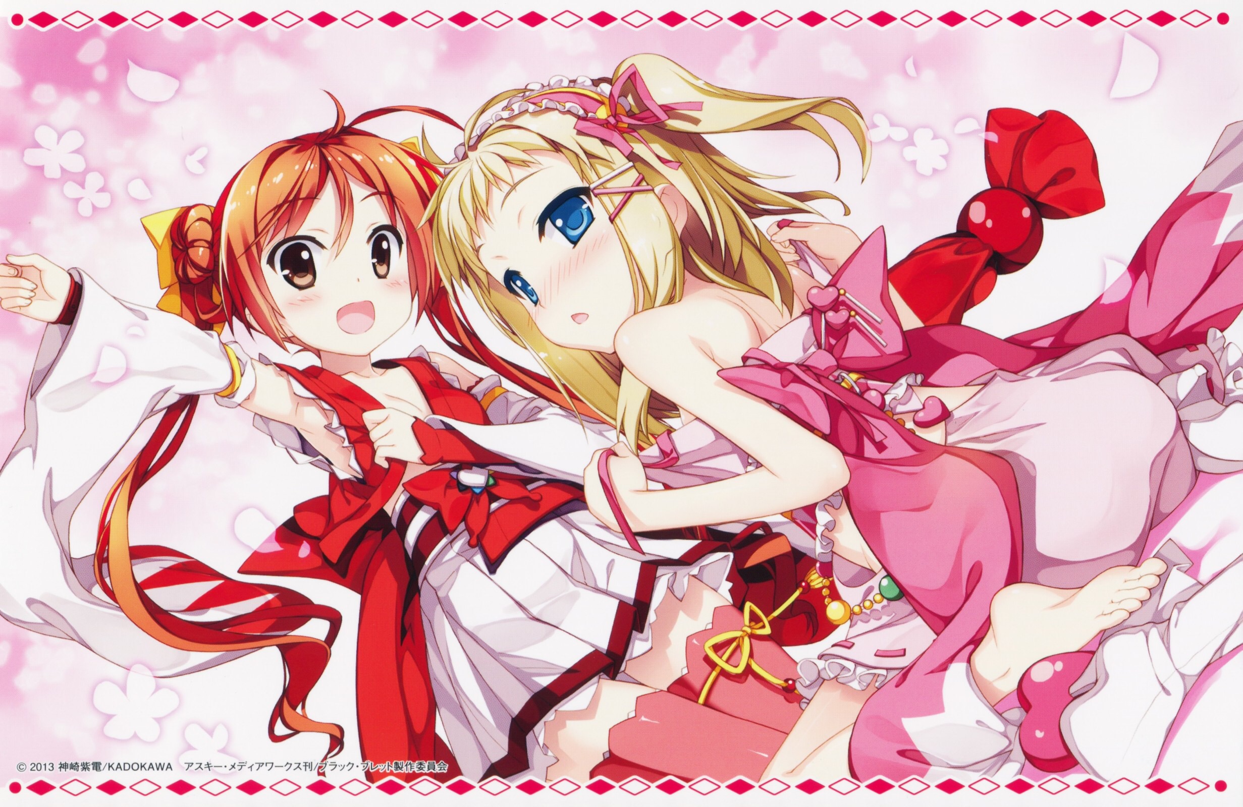 Anime 2463x1600 anime Black Bullet Aihara Enju Tina Sprout blushing redhead blue eyes open mouth two women anime girls looking at viewer petals wide sleeves foot sole detached sleeves armpits hair ornament loli twintails blonde