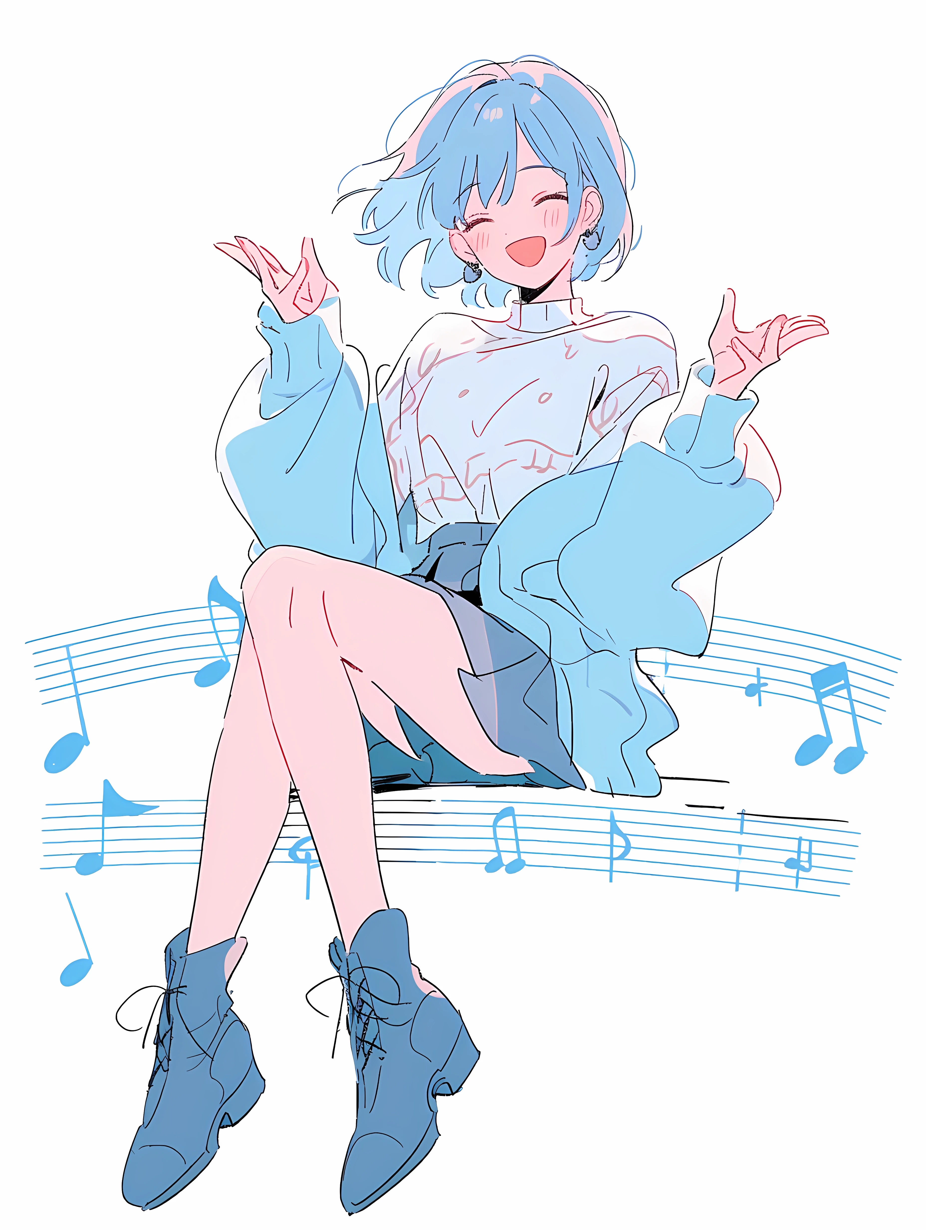 Anime 3712x4928 anime anime girls portrait display bent legs simple background sitting white background earring short hair open mouth blushing blue hair closed eyes musical notes smiling skirt legs