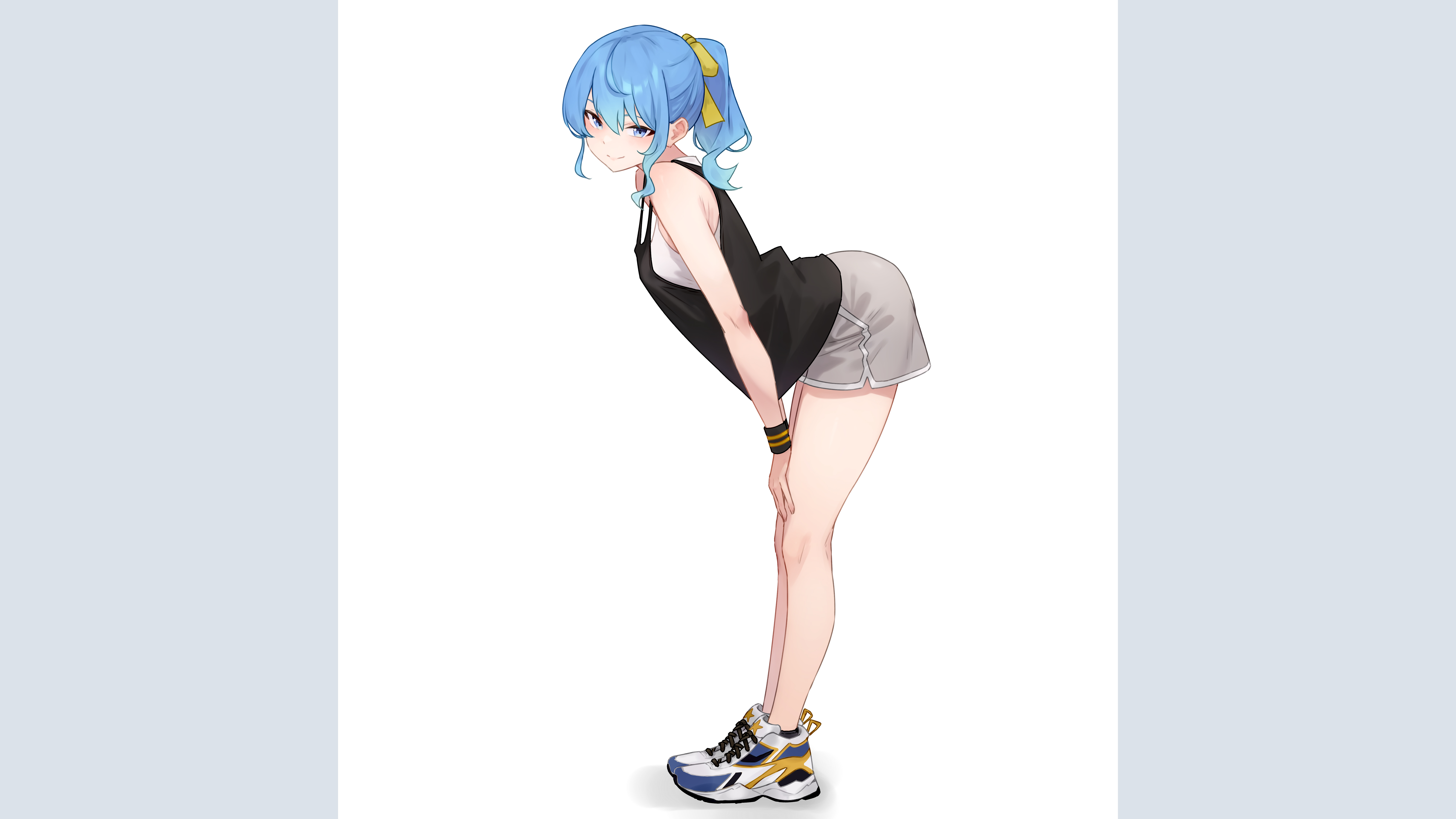 Anime 7680x4320 bluefield Hoshimachi Suisei Hololive Virtual Youtuber anime anime girls blue hair ponytail yellow ribbon blue eyes black top loose clothing grey shorts armband sneakers thighs bent over looking at viewer simple background light background athletic female digital art fan art artwork 2D